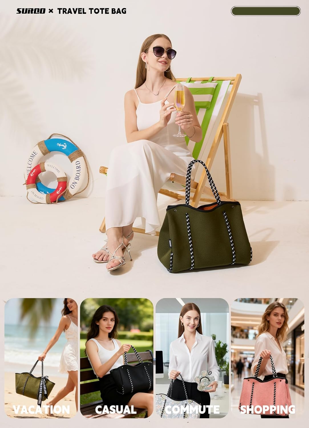Neoprene Beach Bag for Women, Large Travel Tote Gym & Pool Bag, Detachable Pouch