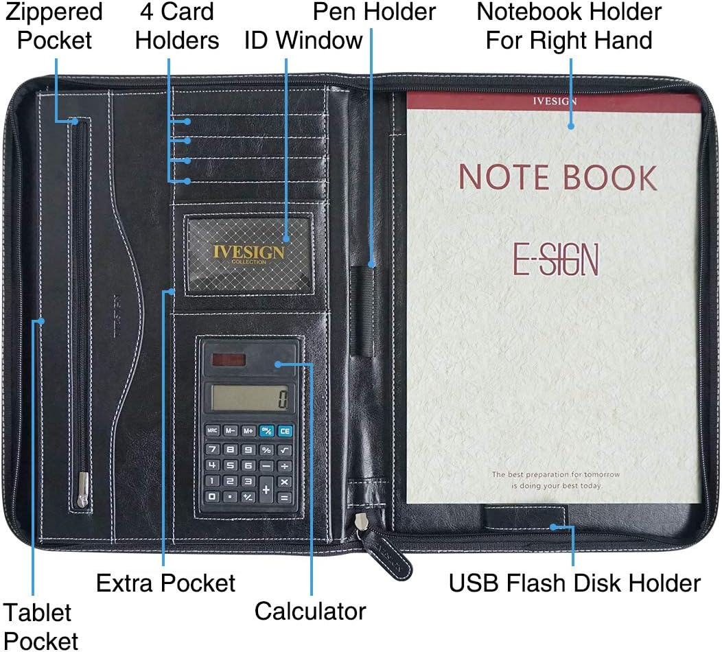 IVESIGN Faux Leather Portfolio Padfolio Organizer with Calculator, Writing Pad, Zipper Closure, Tablet Sleeve, Clipboard with Storage, Document Organizer, Business Card Holder, Note Pads-Black