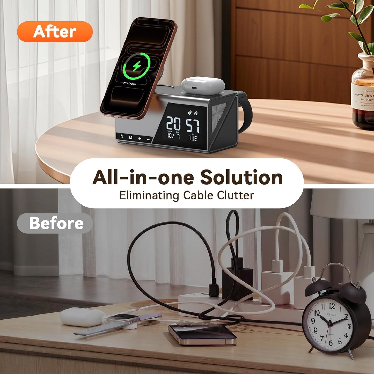 TobenONE 6-in-1 Alarm Clock Wireless Charging Station for Apple Devices, Night Light, Nightstand, MagSafe Magnetic Phone Charger, Fast Charging for iPhone 17 16 15 14 13 Pro Max, Apple Watch, AirPods