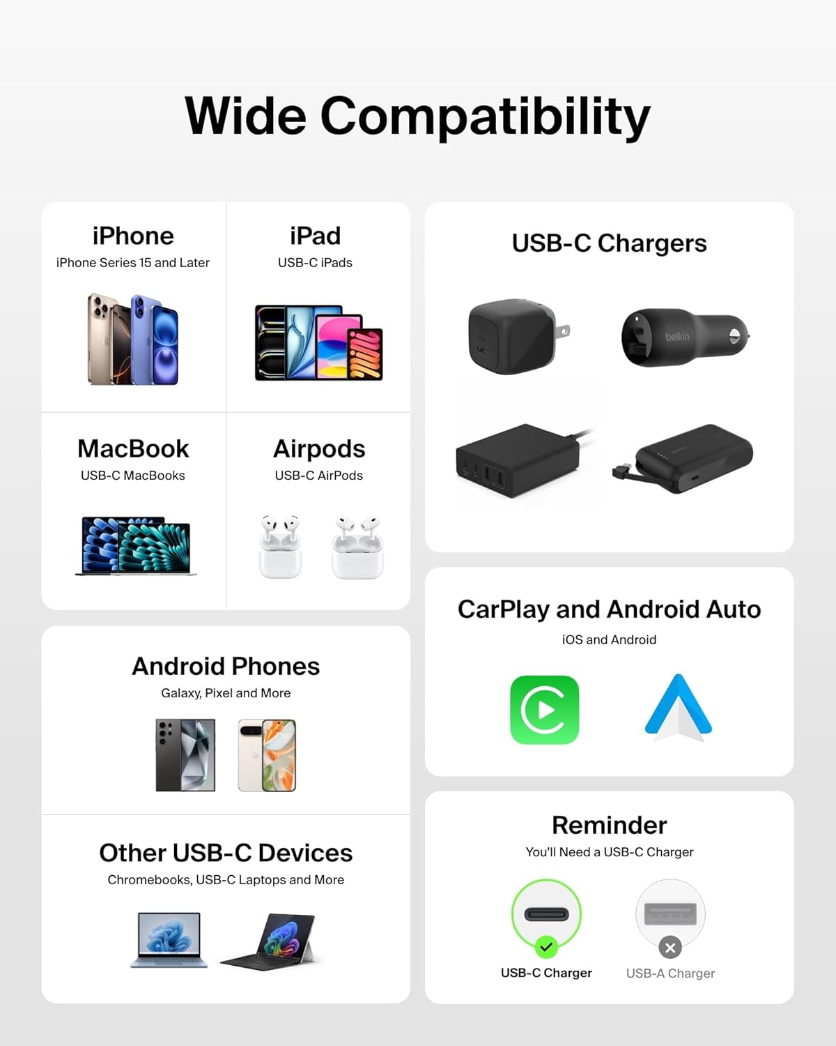 Belkin USB C to USB C Cable, 3.3ft, 60W - Type C Charger, iPhone Charger Cord, Soft, Braided, Flexible for iPhone 16, Galaxy S25, Pixel 9, Airpods, iPad Pro, Tablet & More, Travel Essentials - White