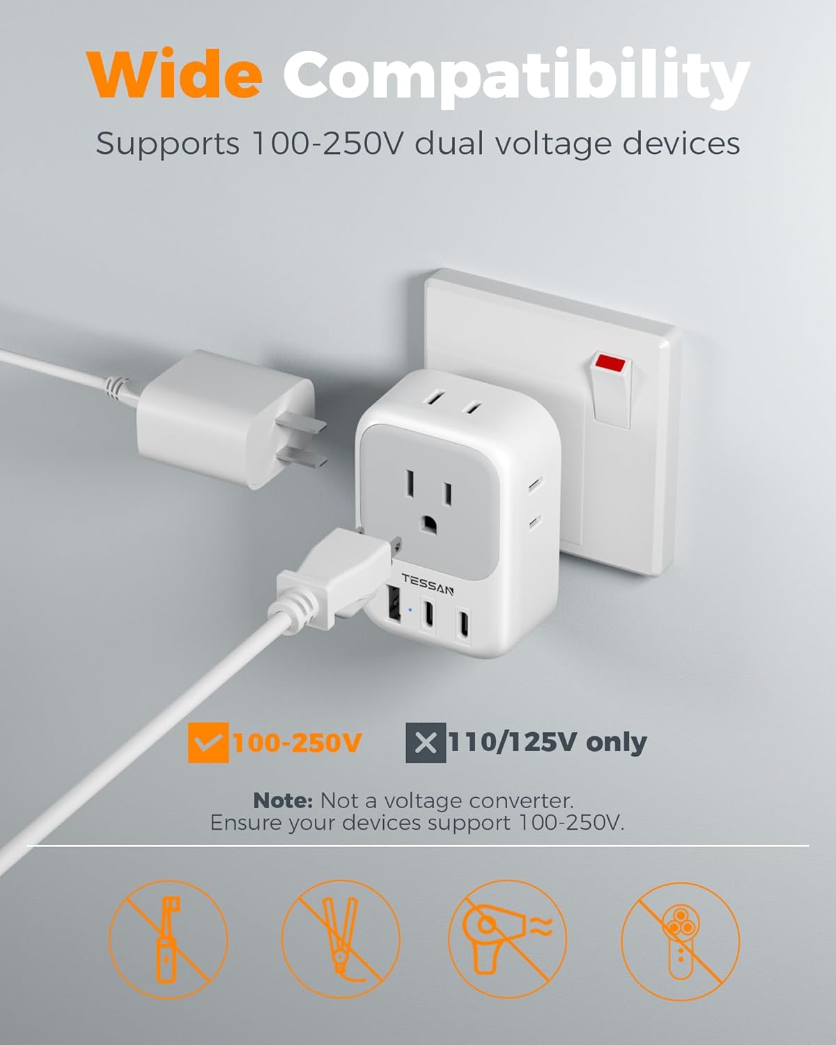 TESSAN US to India Plug Adapter, Type D Travel Adapter with 4 Outlets 3 USB (2 USB-C), Power Adaptor for USA to India Nepal Maldives Pakistan Bangladesh Sri Lanka Bhutan Yemen