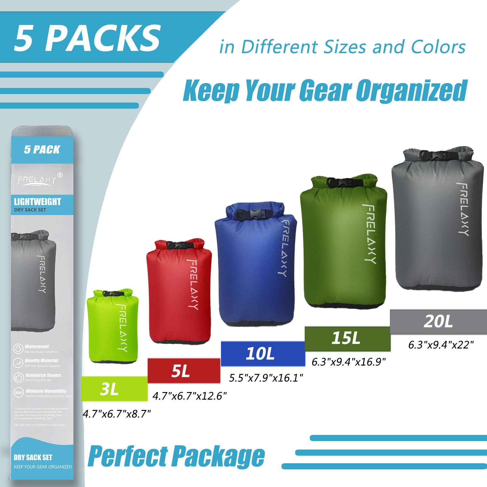 Frelaxy Dry Bag 5 Pack, Ultralight Waterproof Dry Sack for Outdoor Use