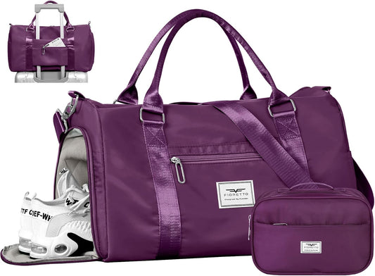 FIORETTO Womens Gym Tote Duffle Bag with Toiletry Bag, Sports Duffel Overnight Hospital Workout Carry on Bag for Girls with Wet Pocket & Shoe Compartment, Ideal for Travel, Swimming, Dance Purple