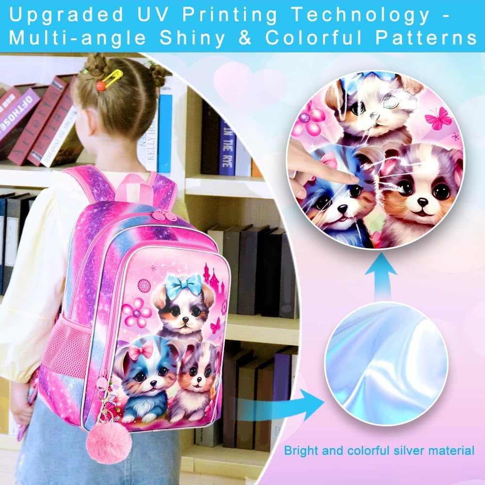 gxtvo 3PCS Girls Dog Bookbag, 16" Kids Backpackwith Lunch Box, Water Resistant School Bag for