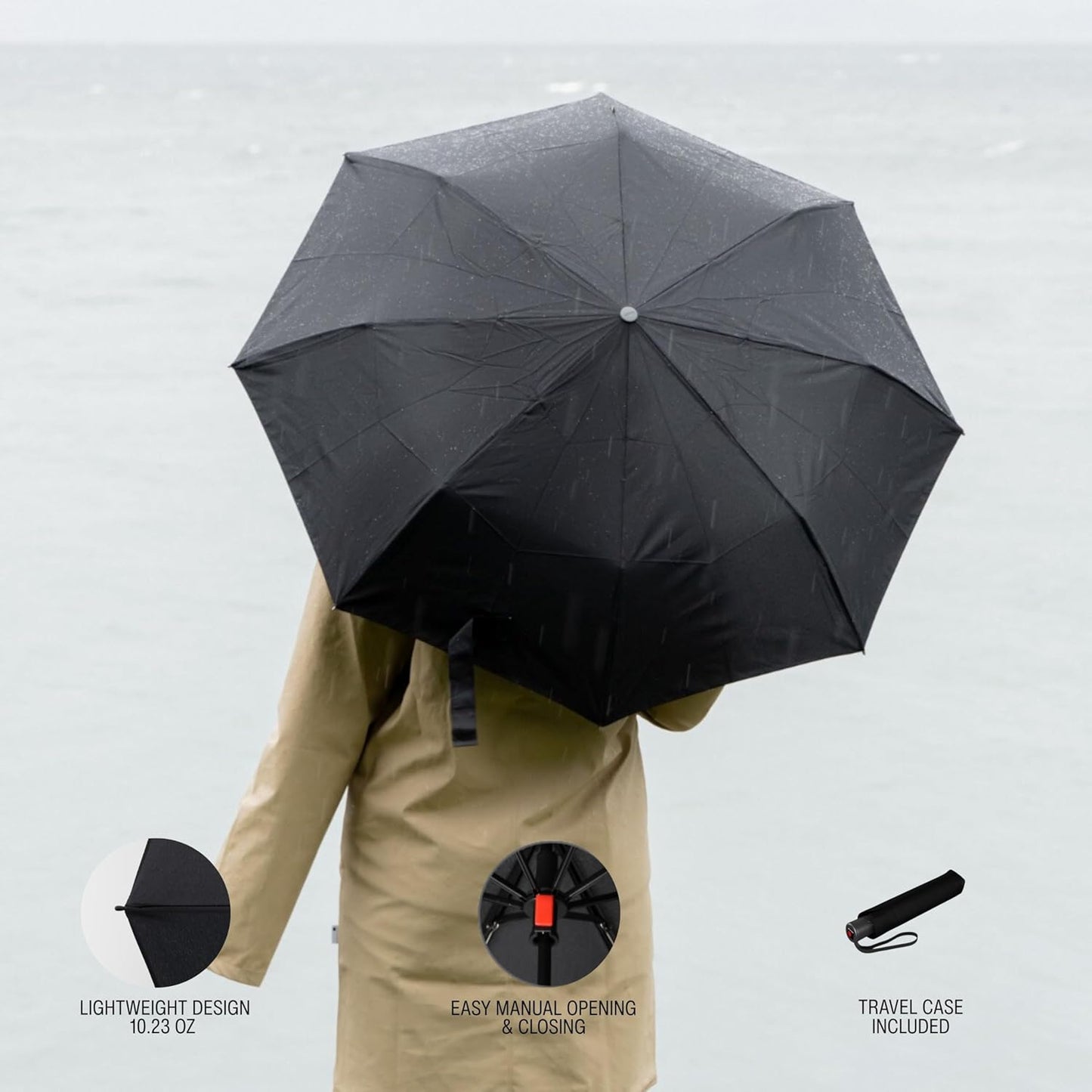 Knirps A.050 Black Manual Open Close Travel Rain Umbrella for Adults – Ultra Lightweight, Compact Windproof 38.5" Water Resistant Canopy, Steel Aluminum Frame, Travel Case Included