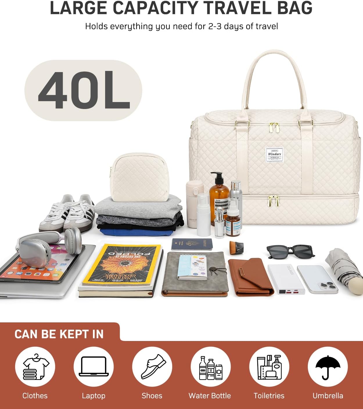 Travel Duffle Bag, Weekender Bags for Women with Shoe Compartment, Overnight Bag with Toiletry Bag, Carry On Duffel Bags For Airplanes, Yoga Gym Duffel Bag, Beige