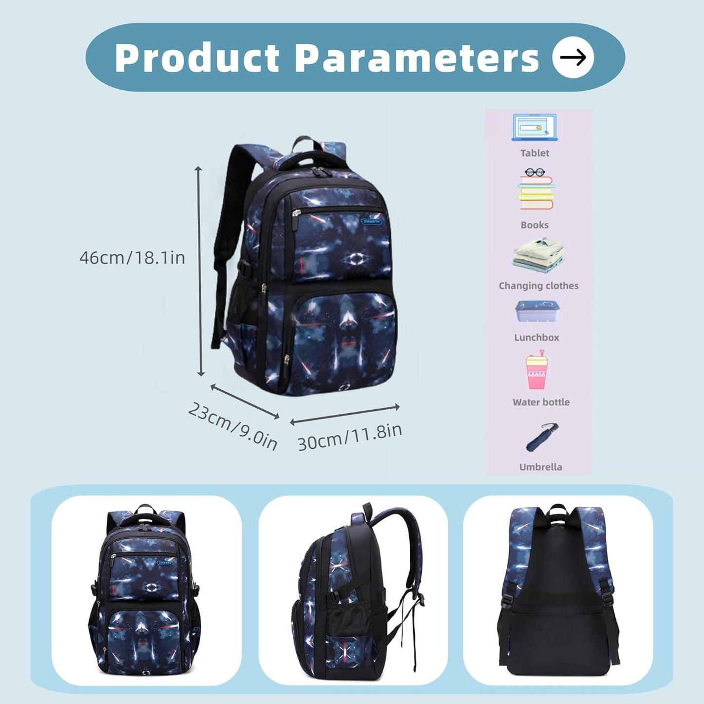 Galaxy Kids Backpacks for Boys School, Water-resistant Boys Backpacks Middle School Bags, Black-blue
