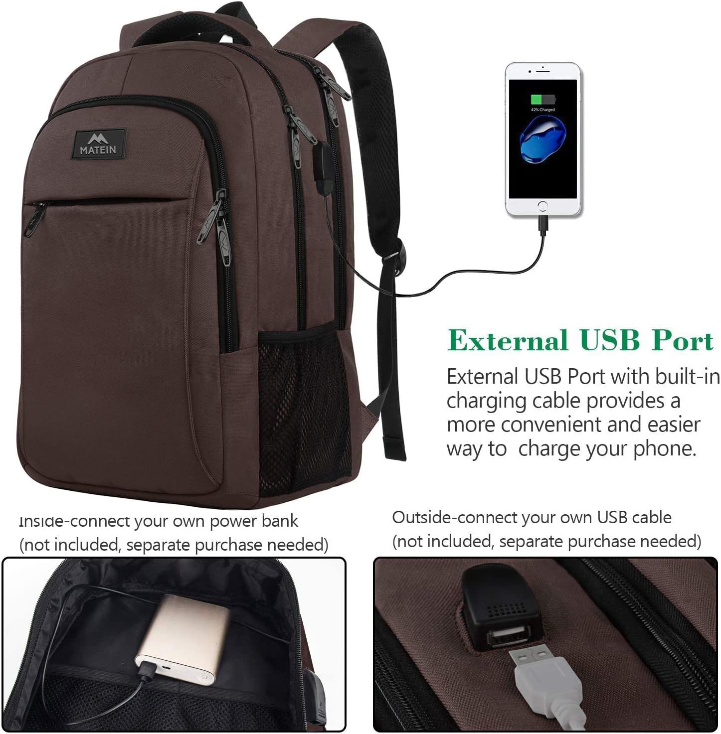 MATEIN 15-inch Laptop Backpack, School Backpack with USB for Men Women and College Student, Sturdy