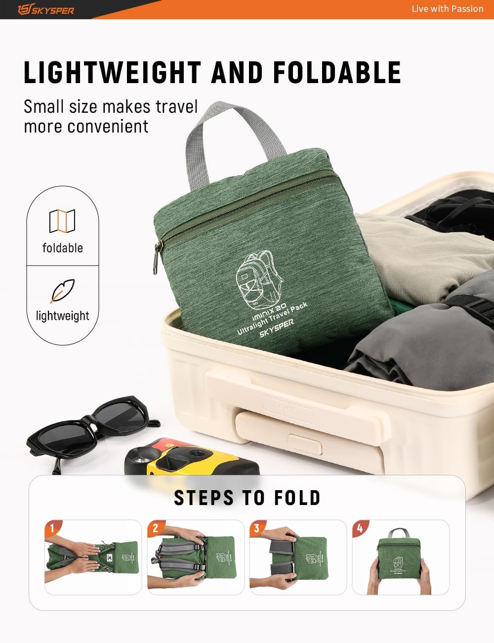 SKYSPER Foldable Small Backpack – 20L Lightweight Hiking Daypack with Chest Belt Packable Travel Rucksack for Women Men