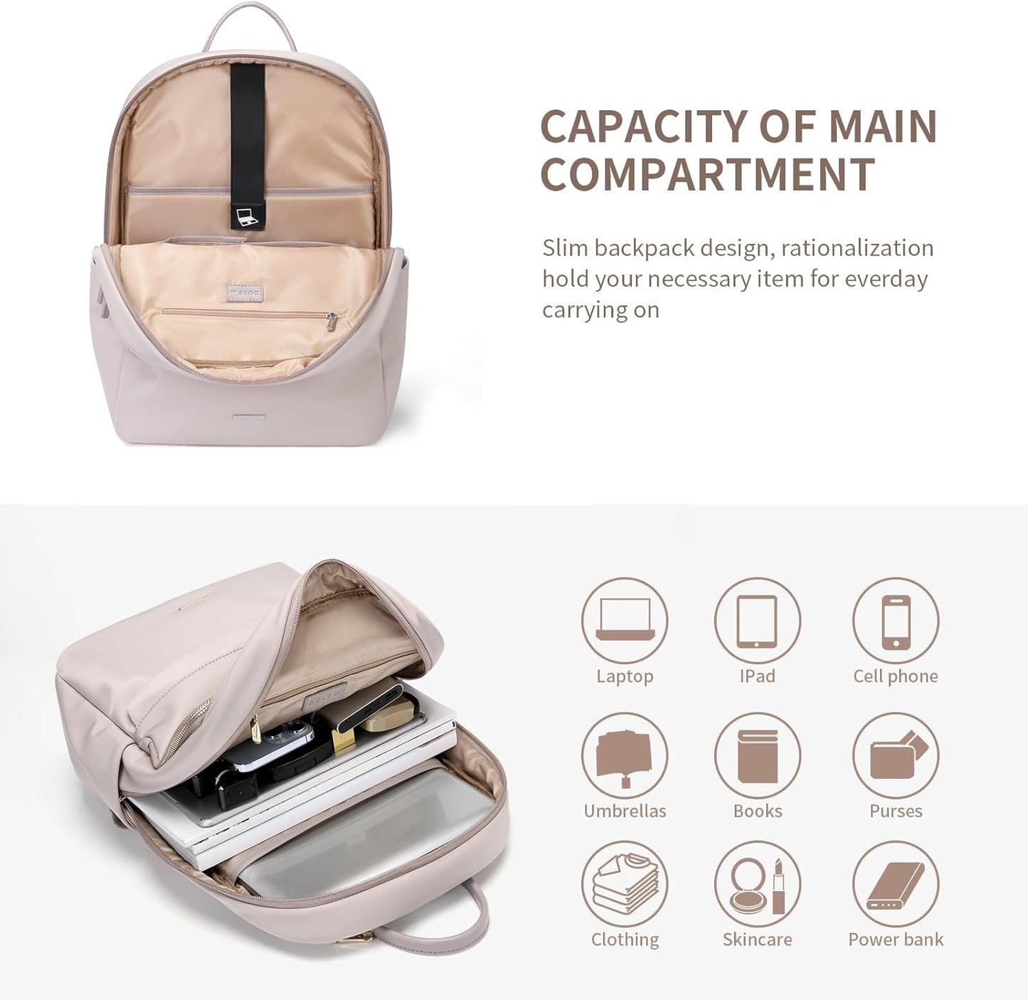 GOLF SUPAGS Laptop Backpack for Women Slim Computer Bag Work Travel College Backpack Purse Fits 14 Inch Notebook (Pinkish Gray)