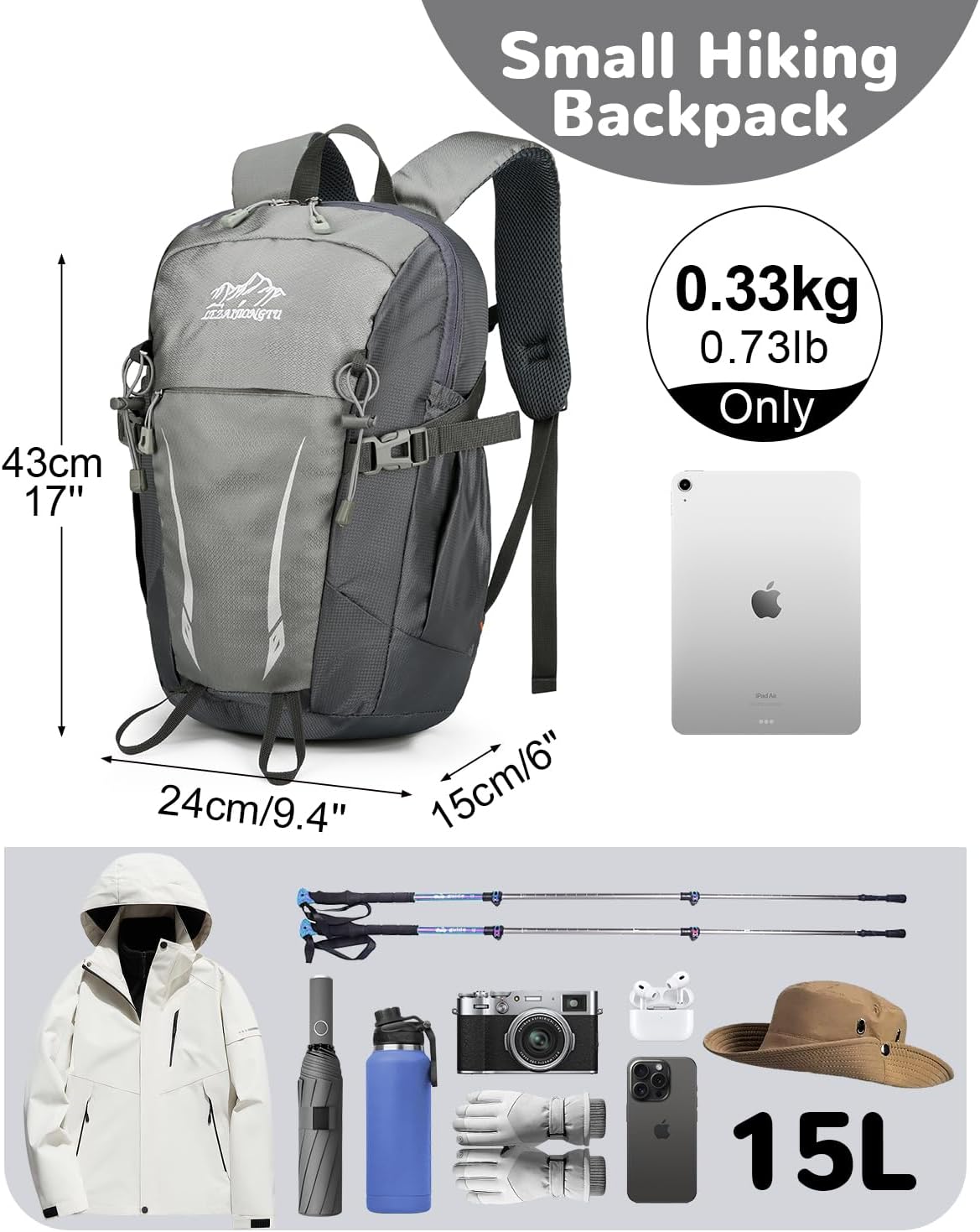15L Small Padded Hiking Backpack with Chest Strap for Men Women, Lightweight Waterproof Daypack for