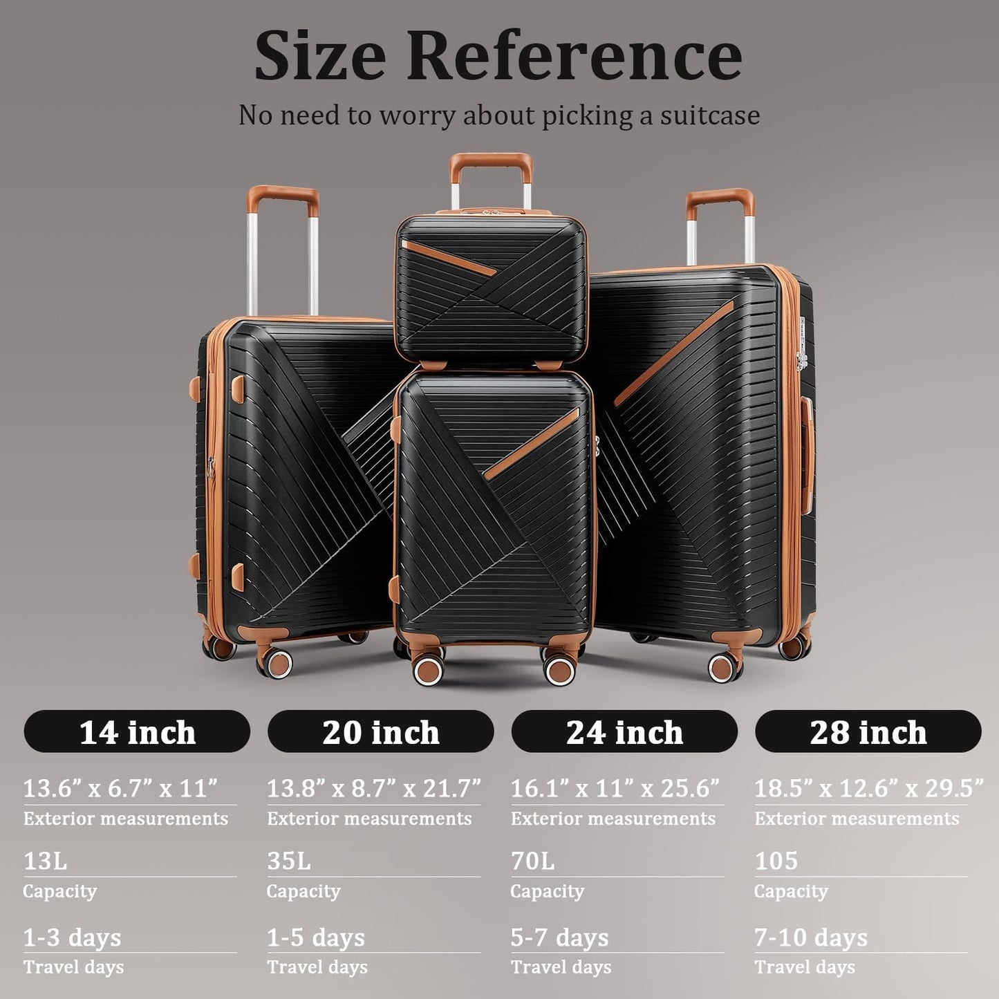Campfun Luggage 4 Piece Sets, Expandable Carry On Luggage Set Hardshell PP, Suitcase Set with Double Spinner Wheels, Checked Durable Lightweight with TSA Lock, 14in 20in 24in 28in-Black Brown(B)