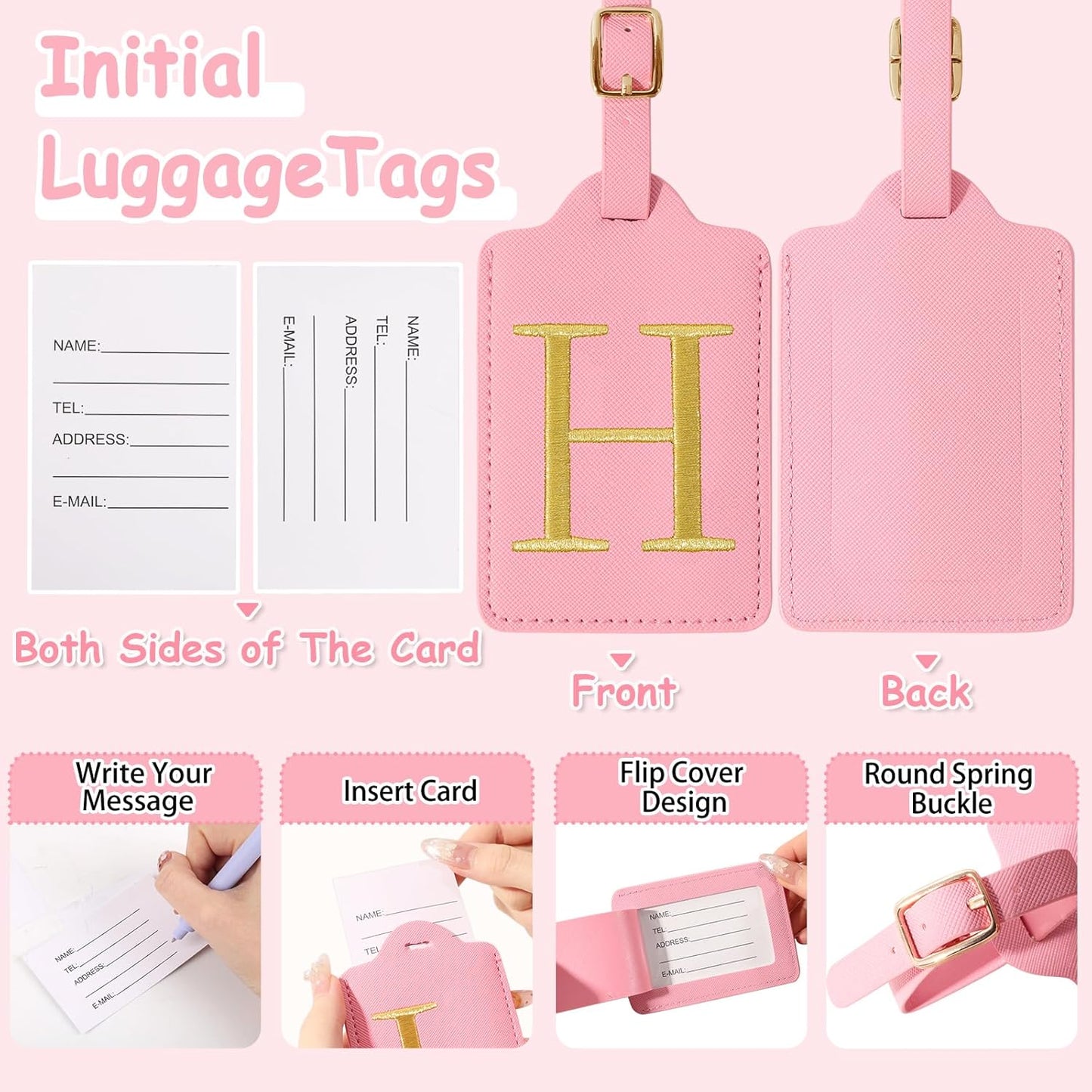 Initial Luggage Tags for Suitcases, Cute Embroidered Letter Luggage Bag Suitcase Identifier Name Baggage Tag, PU Leather Travel Luggage Tags, Bag Tags for Men Women Kids Luggage Handbags(Pink H)