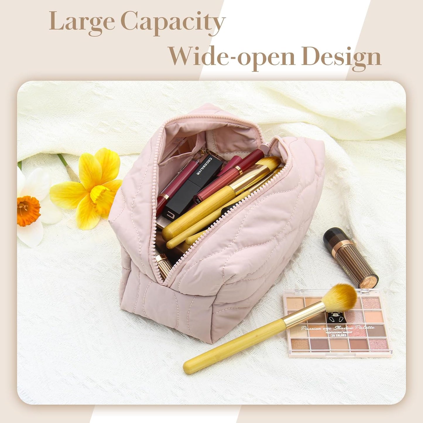 Make up Bag Travel Cosmetic Bag for Women Girls Zipper Puffy Padded Makeup Organizer Waterproof Portable Pouch Purse Lightweight Toiletry Accessories Storage Pink