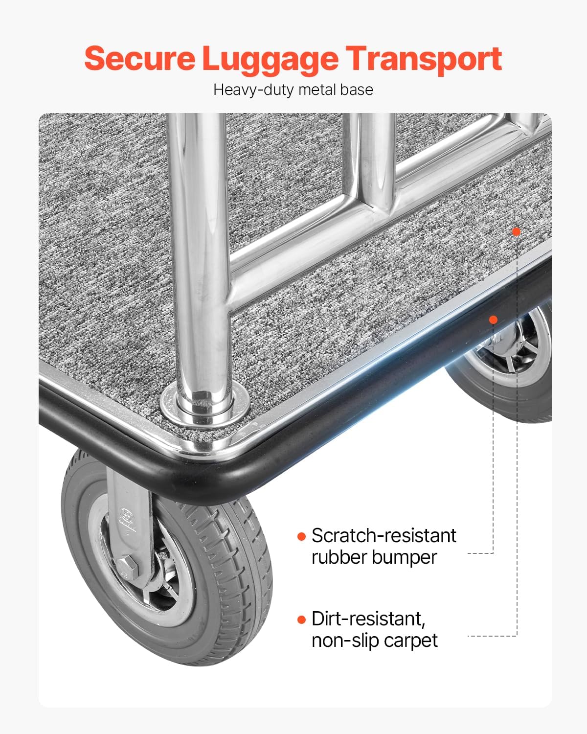 VEVOR Hotel Luggage, 1200 LBS Load Capacity, Brushed Stainless Steel Finish Bellman's Cart, Valet Cart with Grey Carpeted Deck and 8-inch Rubber Wheels, Ideal for Hotels, Condos, Resorts, Silver