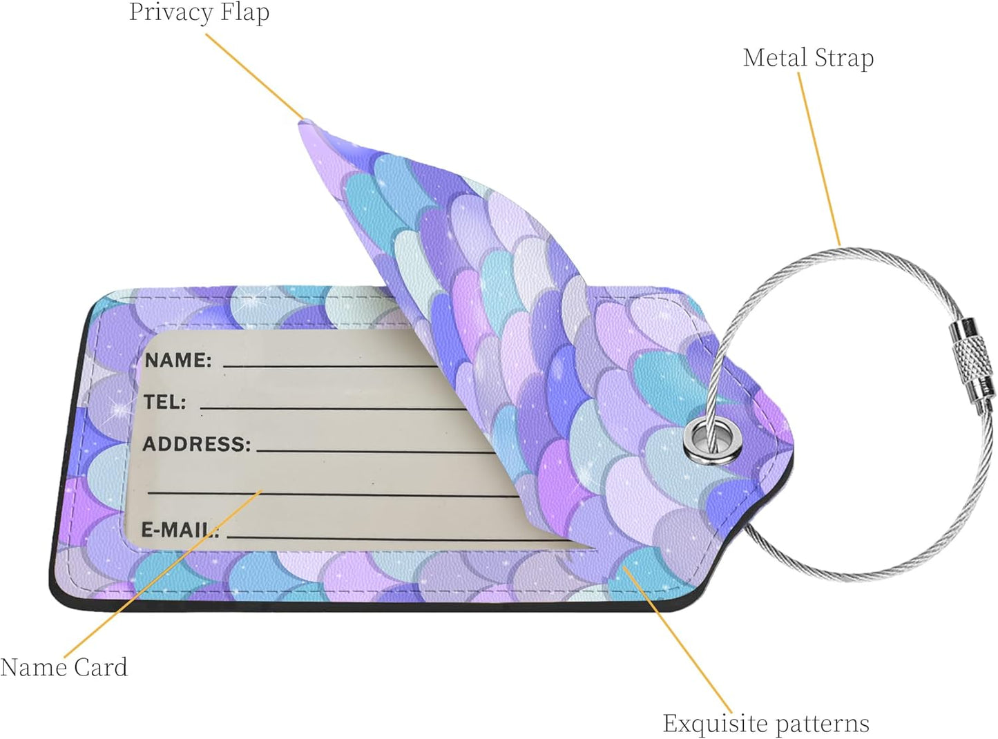 2 Pcs Luggage Tags for Suitcase, Cute Unique PU Leather Travel Bag Tag with Privacy Cover ID Label Address Card and Durable Metal Ring Suitable for Men Women Children Backpack, Fish Scales