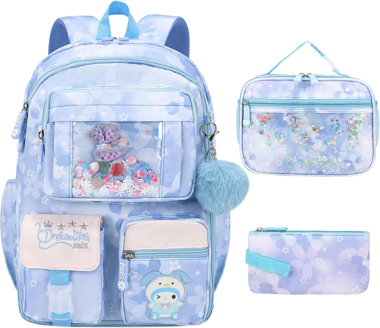 Backpack for Girls 3pcs Set, Kids Backpack for Girls with Lunch Box Pencil Case Set for Teens Elementary Middle School Bags (Blue-3 Piece Set-1)