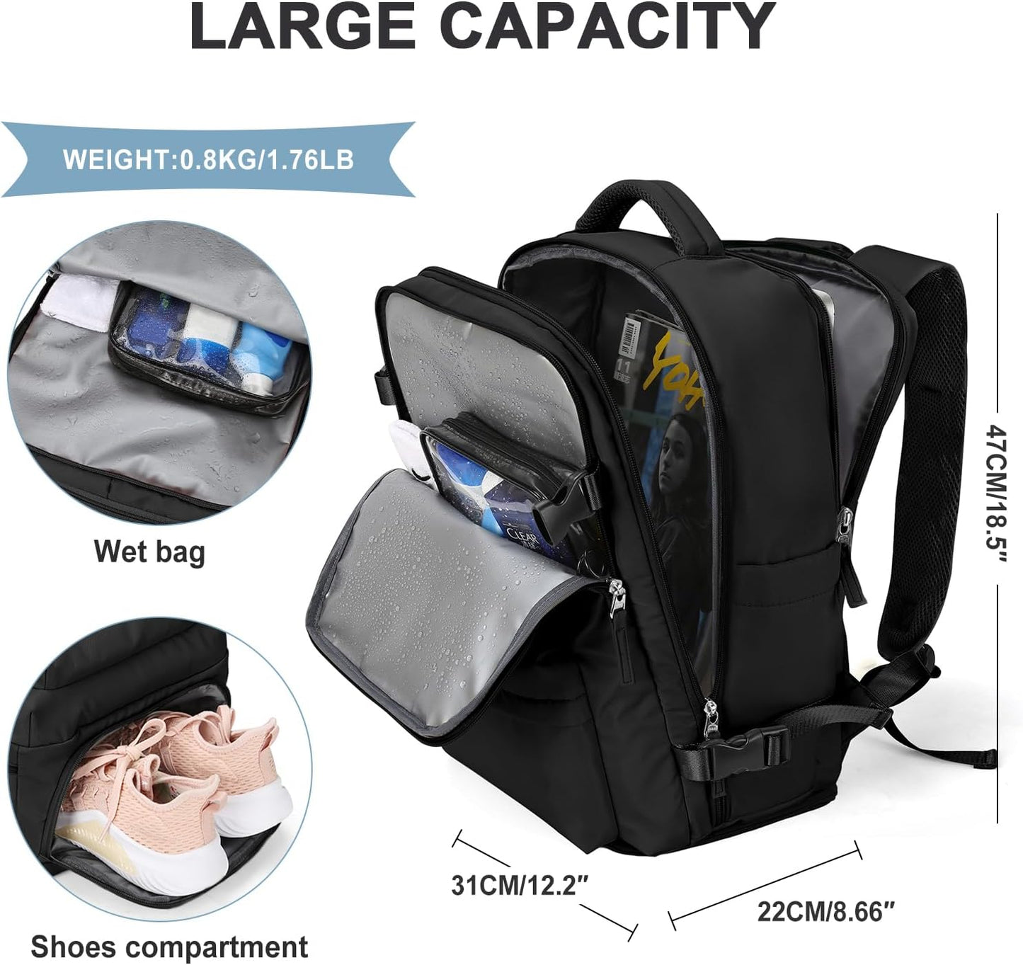 WONHOX Large Travel Backpack Carry on Flight Approved Laptop Work Business Backpack for Women Men Mochila de Viaje