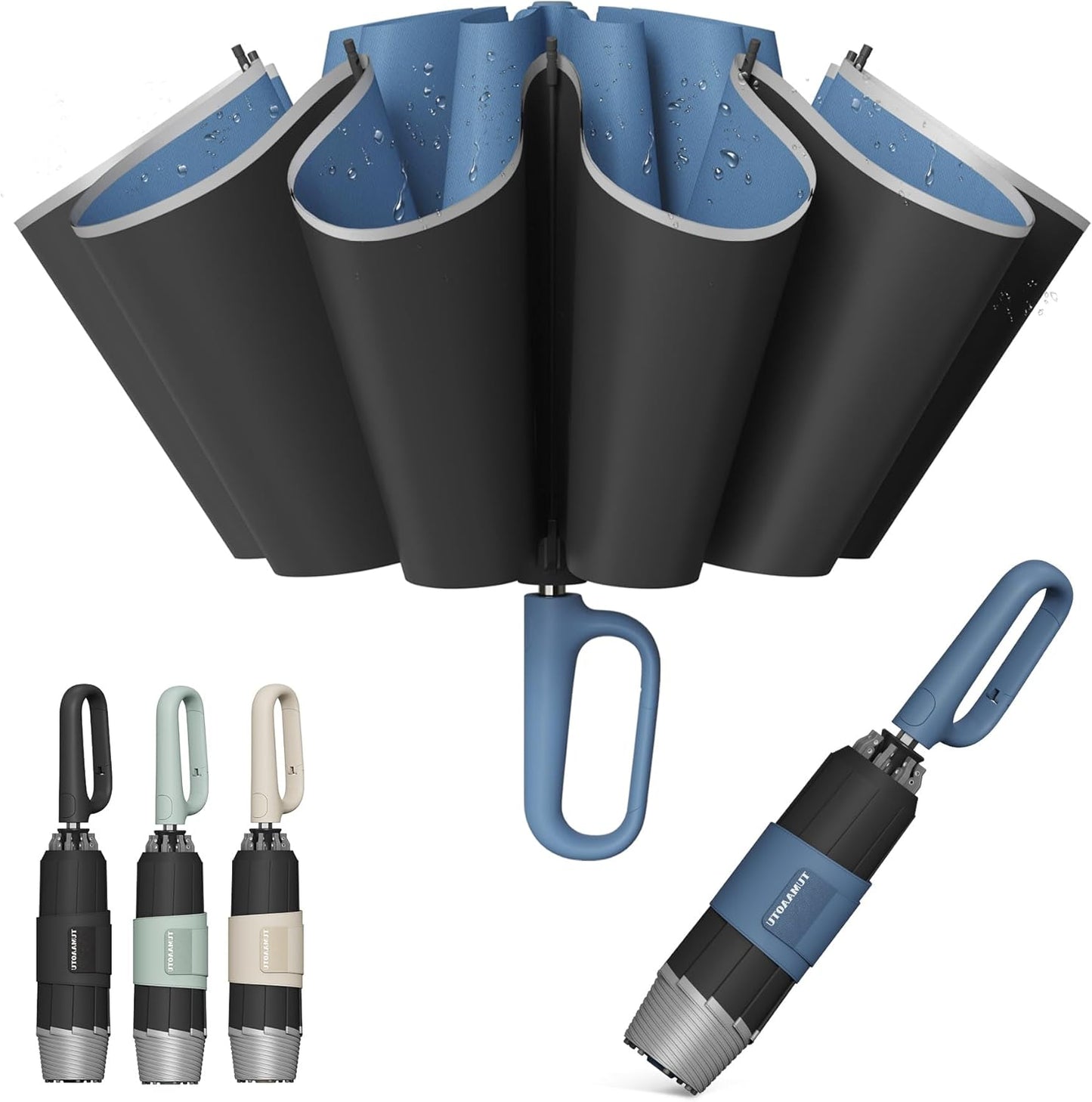 QWB TUMAAOTU Inverted Umbrella with Carabiner Handle, Wind Proof Umbrellas For Rain and Sun, 46 Inch Portable Reverse Folding UV Umbrella, Car Umbrella for Women Men, 10 Ribs