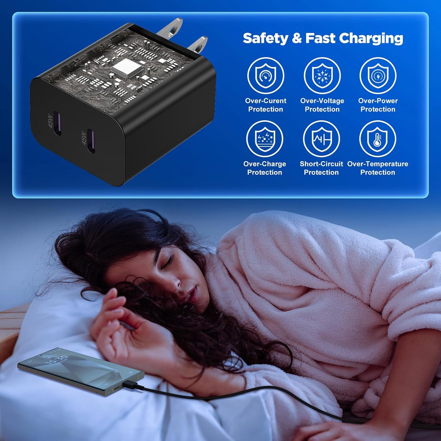Dual Port 45W Super Fast Charger and Long USB C to C Cable 10ft,Type C Block Plug and Android Phone Charging Cord for Samsung Galaxy S25/S24 Ultra/S23+/S22 Plus/S21/S20/Note 20/iPhone 17 16 15 Pro Max