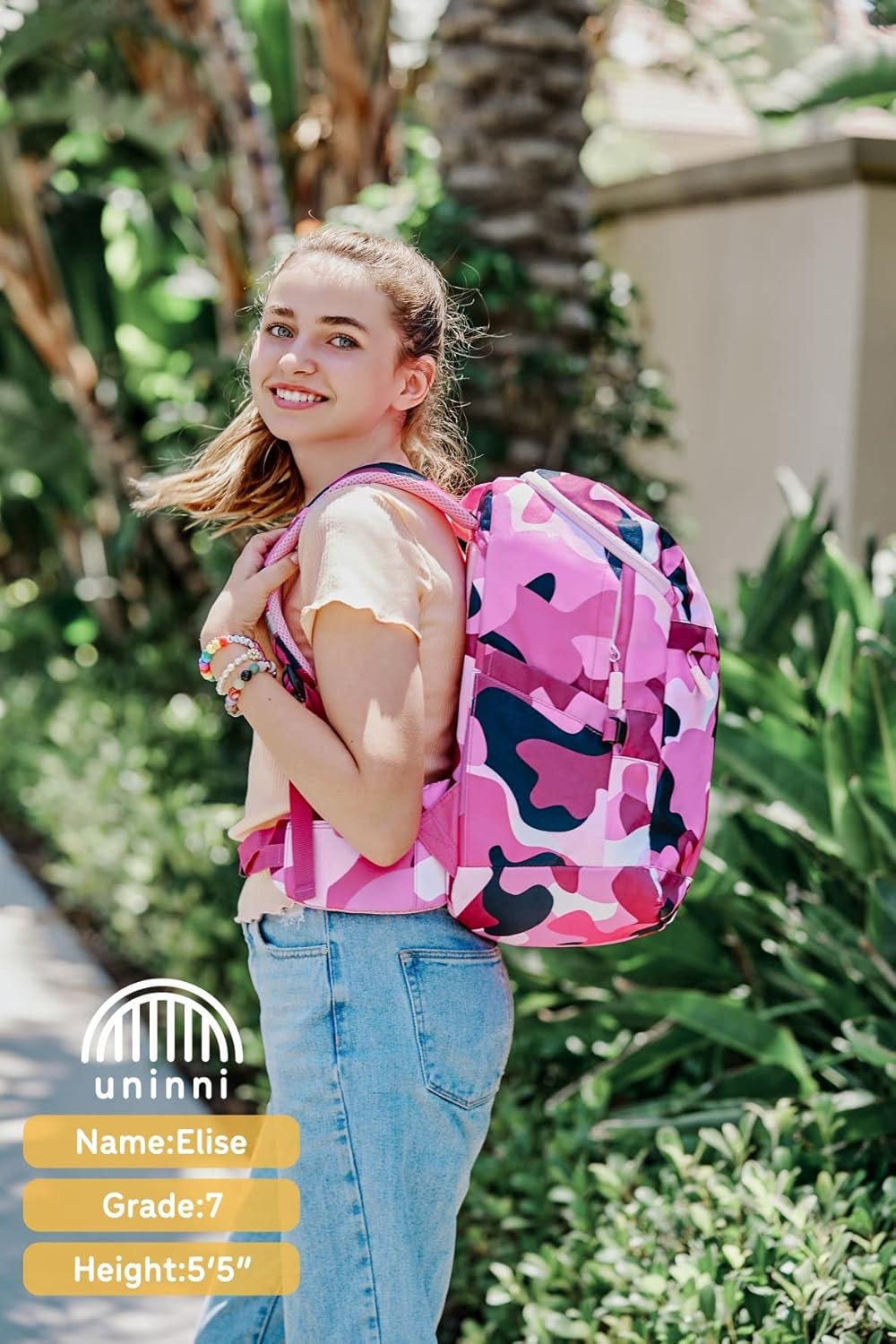 uninni 16" Kid's Backpack for Girls and Boys Age 6+ with Padded, and Adjustable Shoulder Straps. Fits for Height 3'9" Above Kids (Camouflage Fuchsia/Pink)