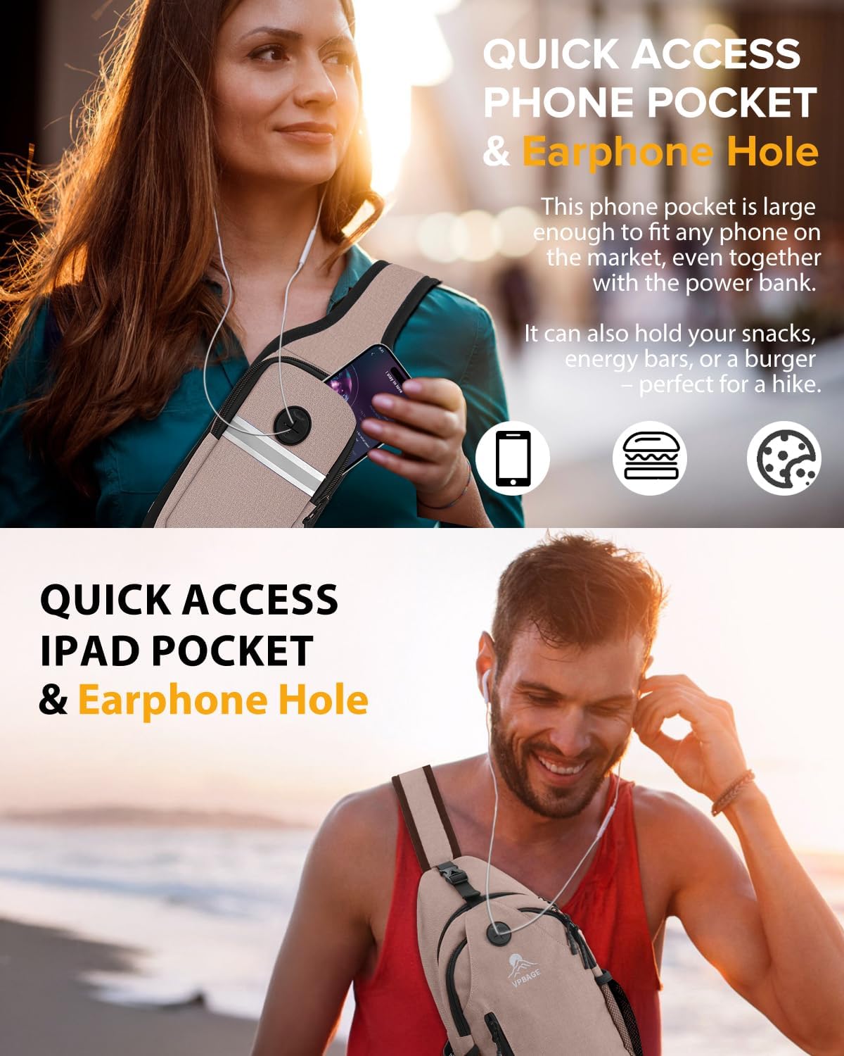 Sling Bag, Crossbody Bag for Men, Cross Body Hiking Backpack, Travel Daypack, Chest Pack with Chest Phone Holder