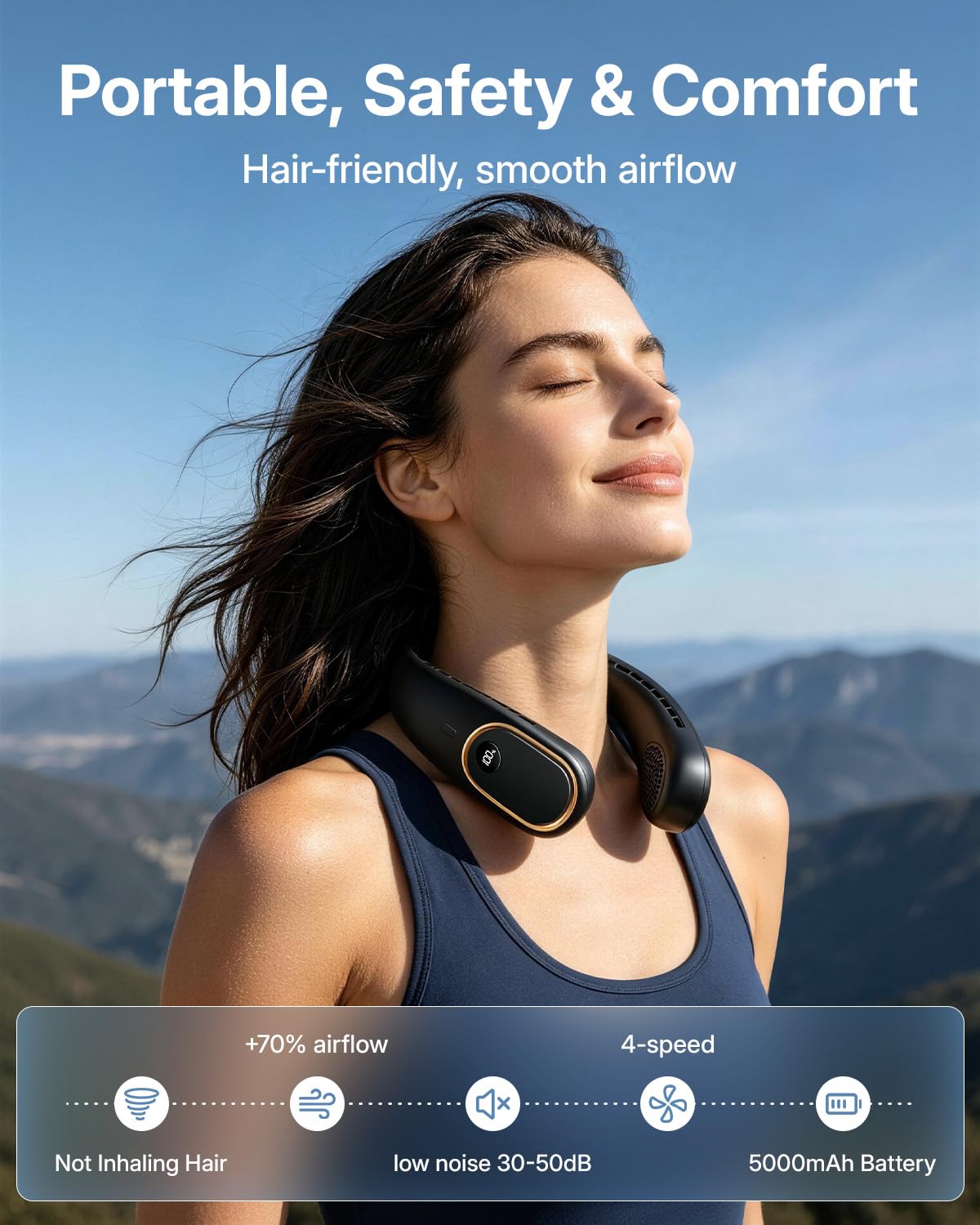 SHEWIND Portable Neck Fan - 5000mAh Rechargeable Hands-Free Wearable Fan | 4 Speeds, Bladeless &