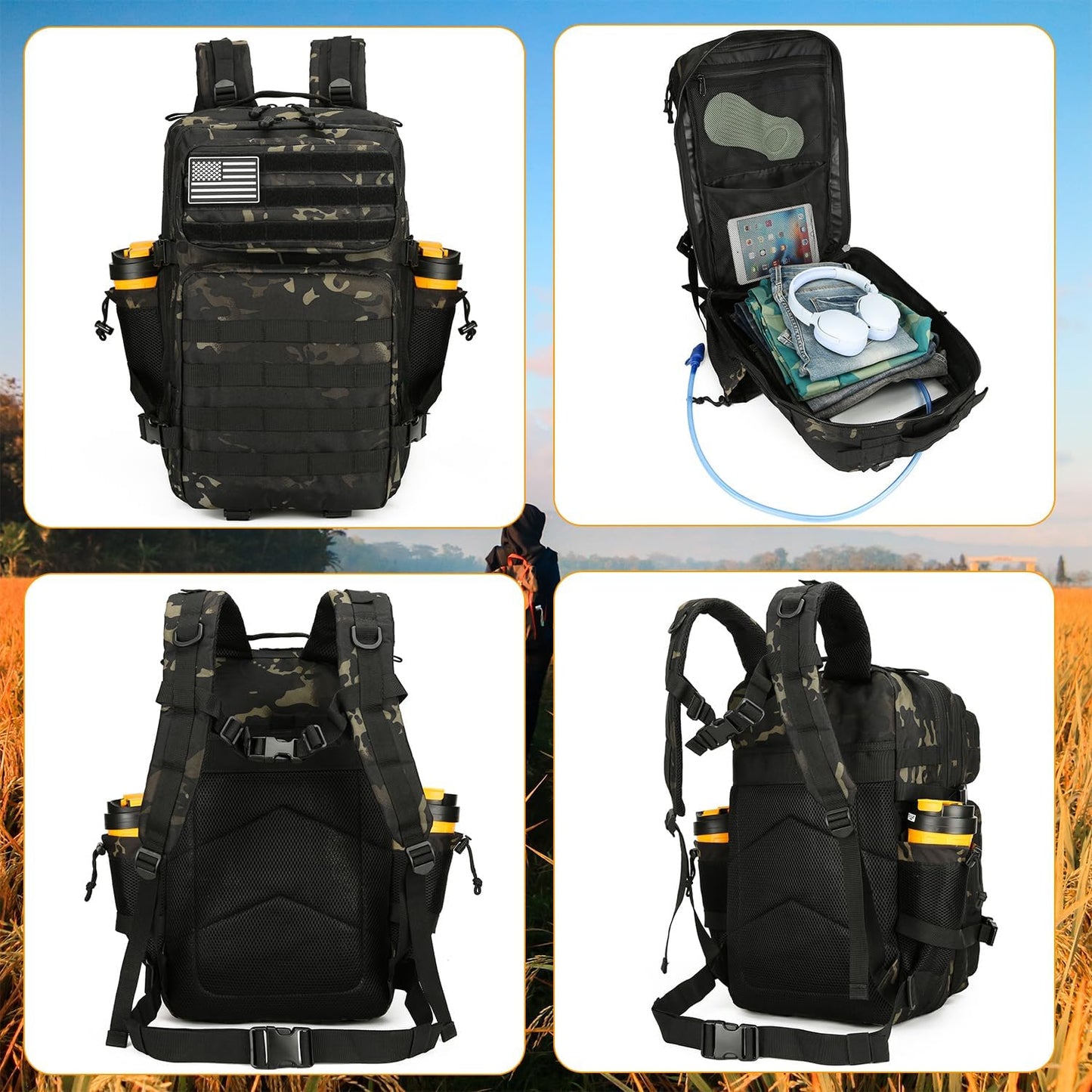 25L Tactical Backpack for Men and Women Military Backpack Army Assault Pack Molle Backpack Small Bug Out Bag Travel Rucksack Daypack (Black Camo)