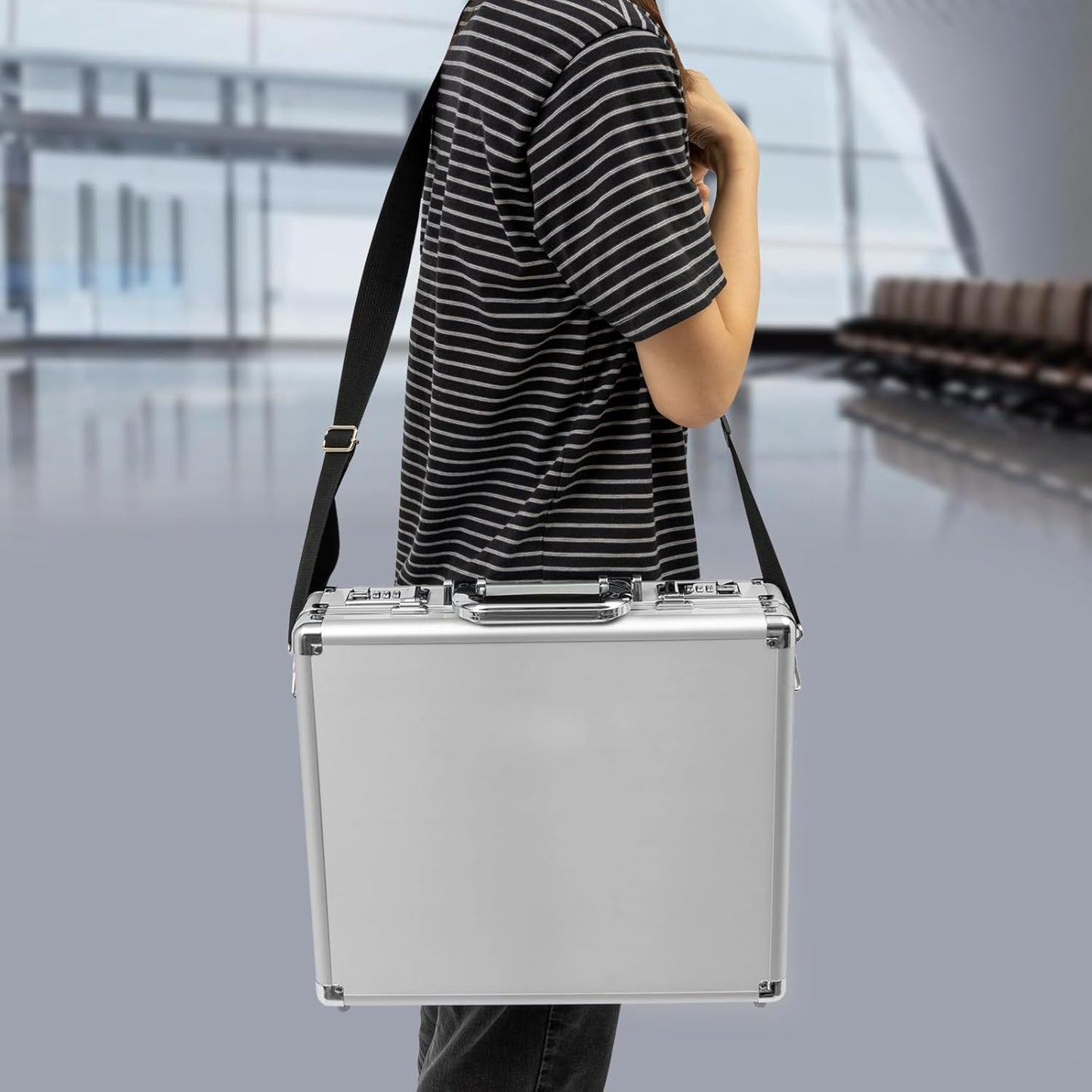 Locking Briefcase, Metal Briefcase w/Strap, Hard Aluminum Carrying Case for Documents/Laptops/Cell Phones
