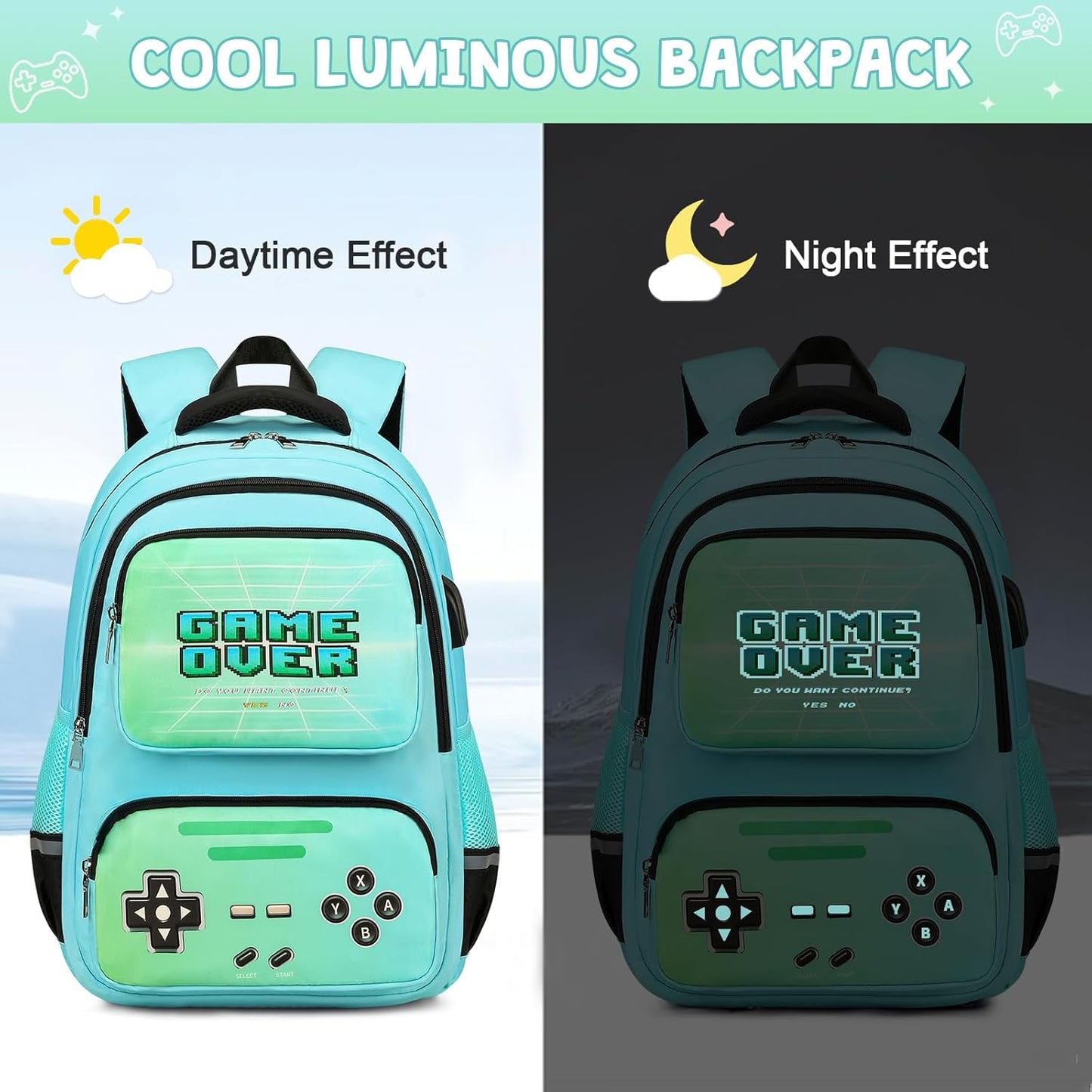Gamer Backpack for Boys - Luminous School Backpack with Lunch Bag & Pencil Case - Boys' Elementary & Middle School Backpack with USB Charging Port (Green)