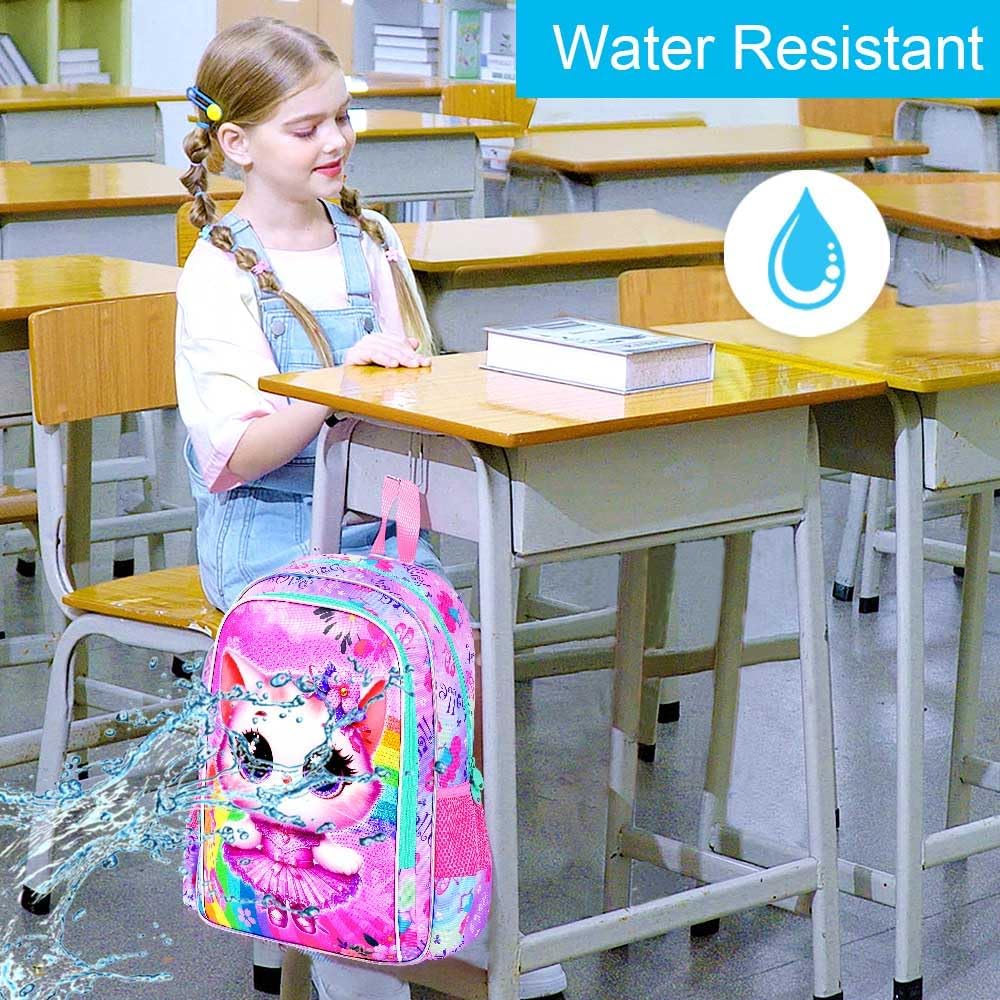 CCJPX 3PCS Cat Backpack for Girls, 16”Kids Ballet Preschool Bookbag with Lunch Box, Cute Ballet Water Resistant School Bag for Elementary Kindergarten Toddler