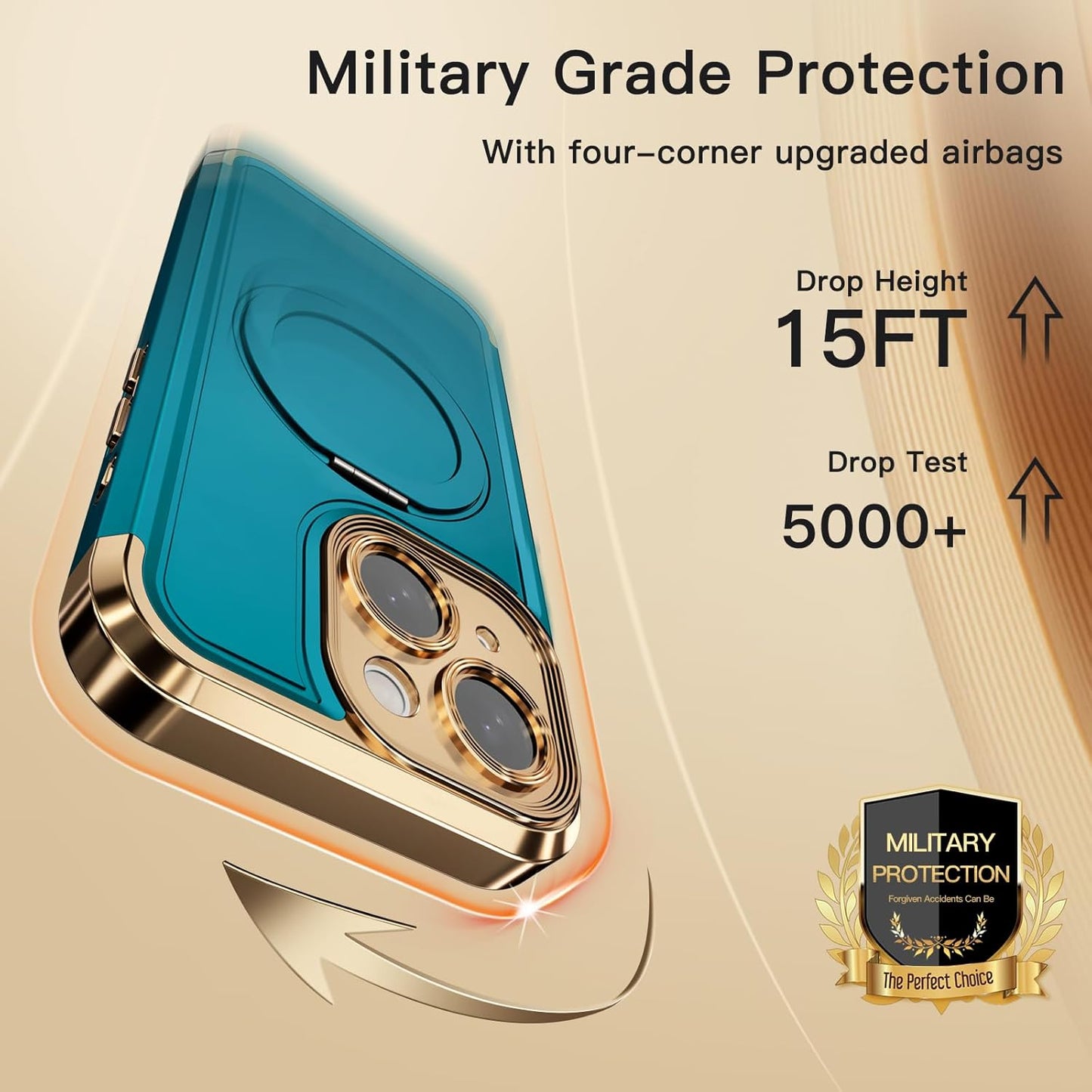 COOLQO for iPhone 15 Plus Case 6.7'' Upgraded 360° Spin Magnetic Stand [Compatible with Magsafe][Military Protection] Shockproof Protective Phone Holder Cover for iPhone 15 Plus, Green Gold