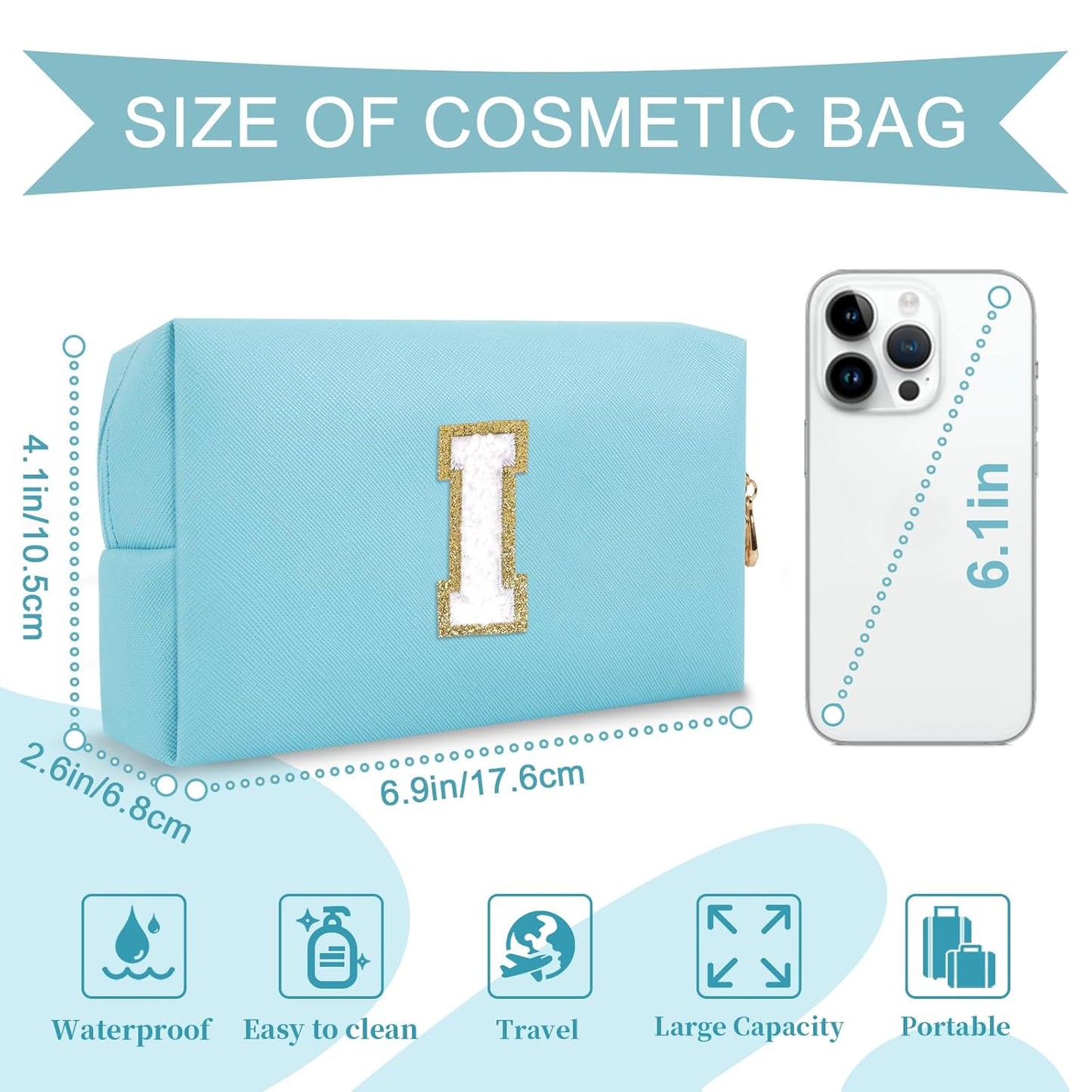Small Personalized Initial A-Z Preppy Patch Makeup Bag,PU Chenille Letter Travel Cosmetic Pouch with Zipper,Blue Cute Toiletry Bag,Gift Ideal for Teen Girls Women Teacher Bridesmaid,Letter I