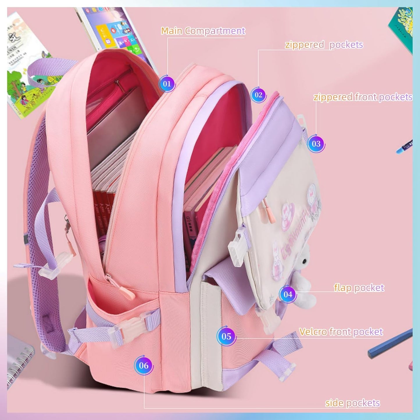 Girls Backpack, Kids Backpack for Girls School Bunny Student Backpa,Kawaii Book Bag for Elementary Primary School Kindergarten Elementary Preschool Middle