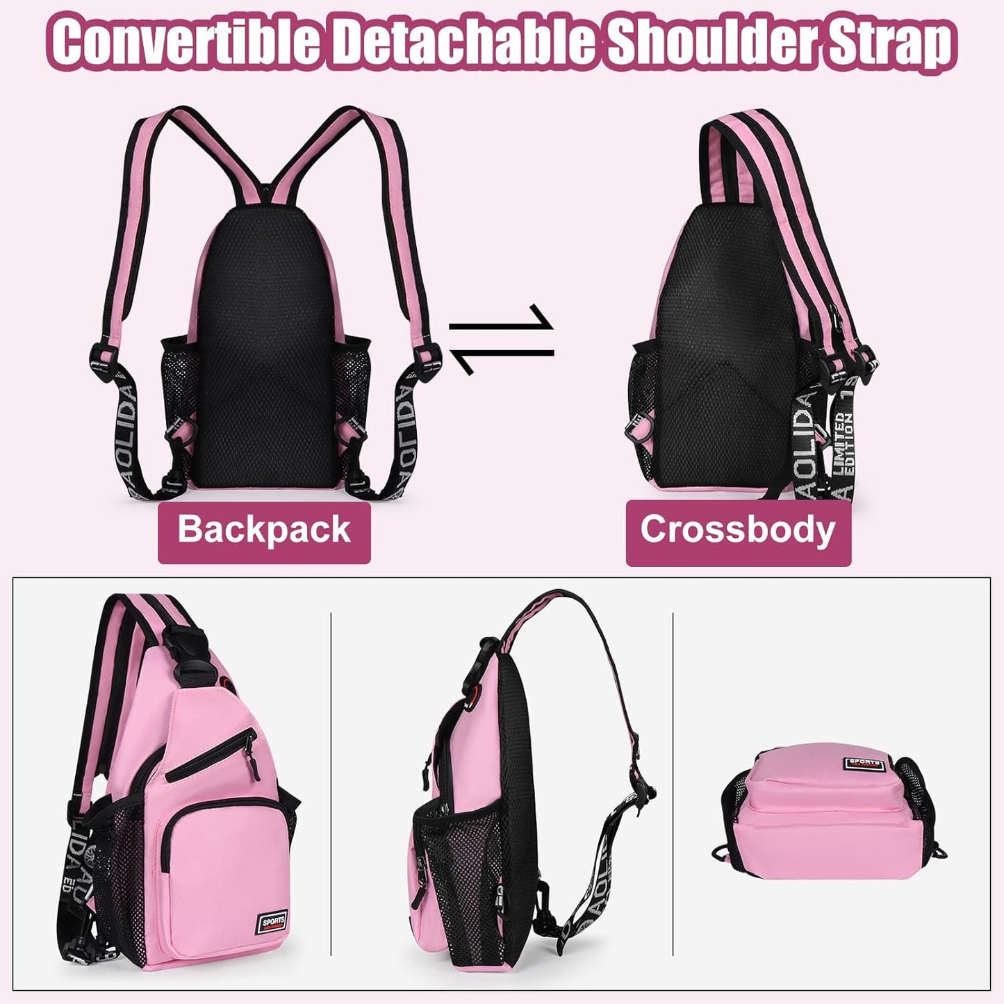 Sling Bag for Women Man Sling Backpack with Convertible Shoulder Strap Casual Backpack Daypack for Travel, Hiking and Daily Commute, (Pink, Small)
