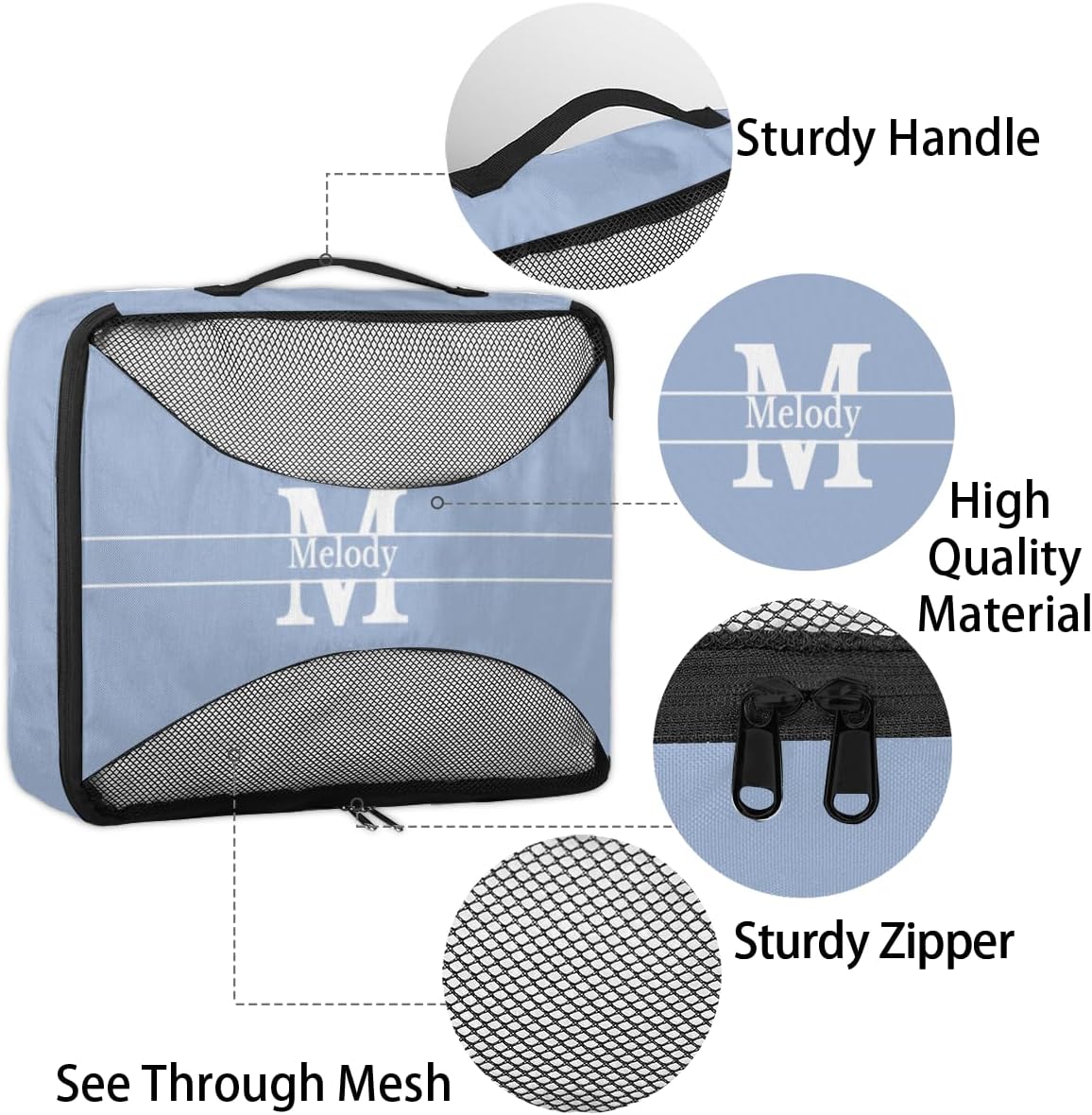 Custom Name Compression Packing Cubes Luggage Organizer Bags for Travel, Double Zipper Packing Cubes for Suitcases, Dark Sky Blue with Initial Letter