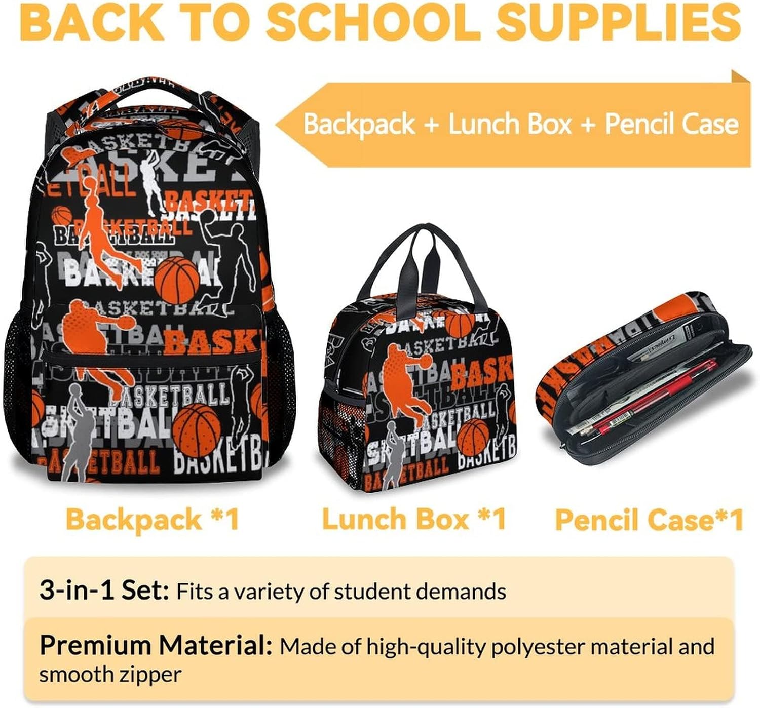 Mercuryelf Basketball Backpack with Lunch Box and Pencil Case, Elementary Kindergarten School