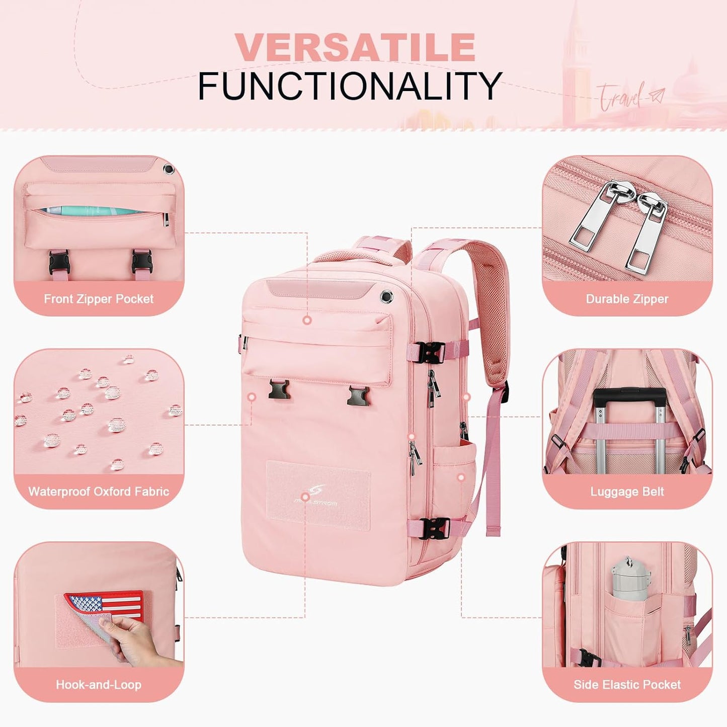 Maelstrom Travel Backpack for Women Men,35L Laptop Backpack Fits 17-Inch Laptop,Carry On Backpack for Airplanes with Crossbody Bag & Shoe Compartment&Toiletry Bag (Pink, Large)