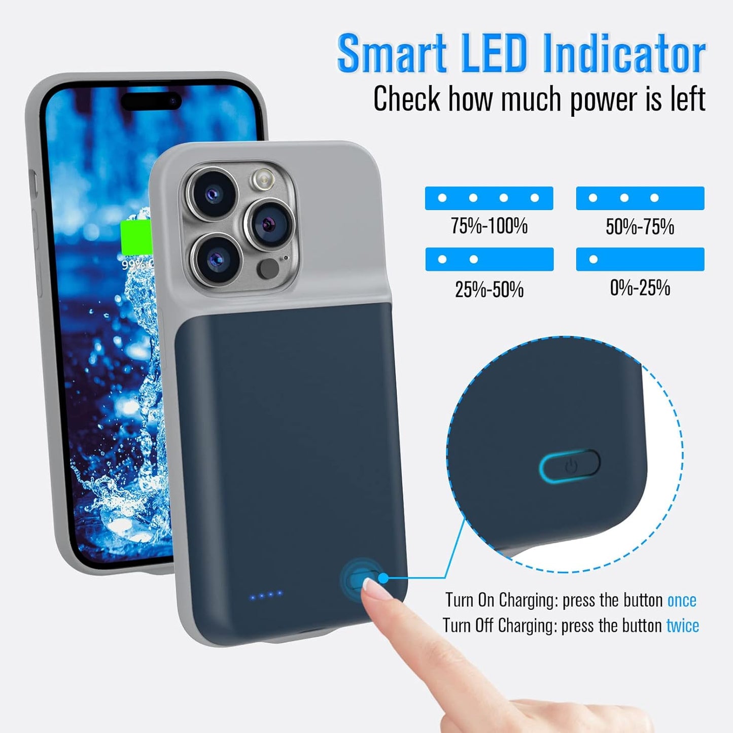 Gladgogo Charging Case for iPhone 14 Pro, Real 7000mAh Powerful Smart Battery Case Charger Cover Rechargeable Extended Battery Pack Compatible with iPhone 14 Pro (6.1 inch) - Blue