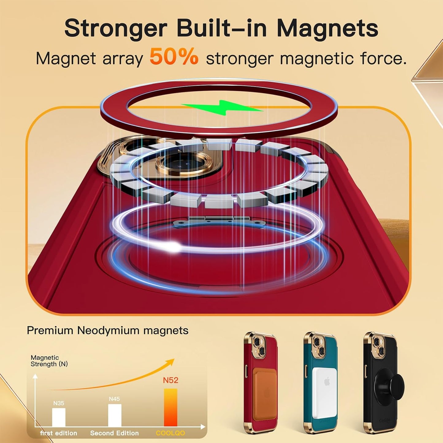 COOLQO for iPhone 15 Case 6.1'' Upgraded 360° Spin Magnetic Stand [Compatible with Magsafe][Military Protection] Plating Matte Scratch-Resistant Back Protective Shockproof Phone Case, Red Gold