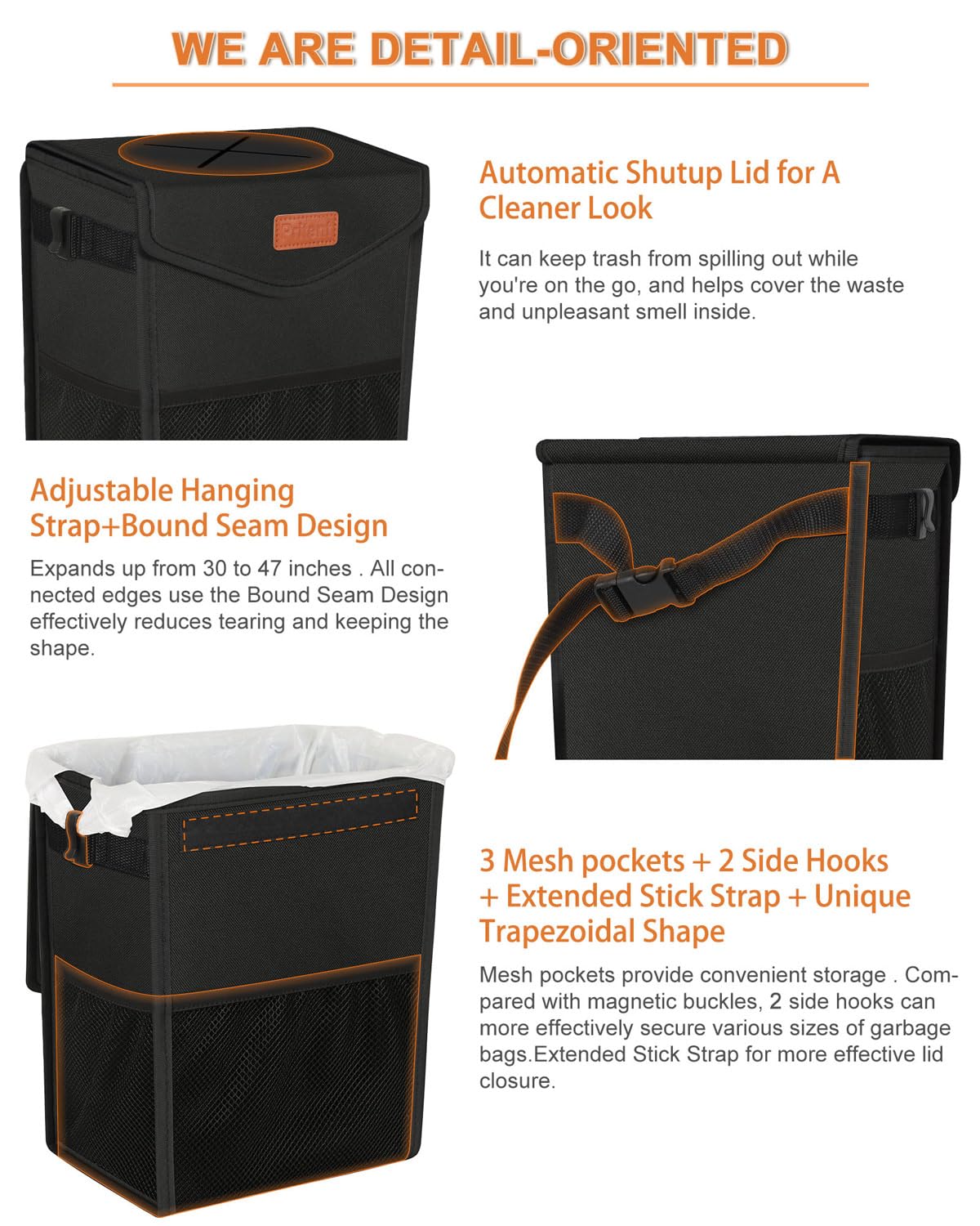 Pritent Car Trash Can with Lid Leakproof Car Garbage Bag Vehicle Trash Bin