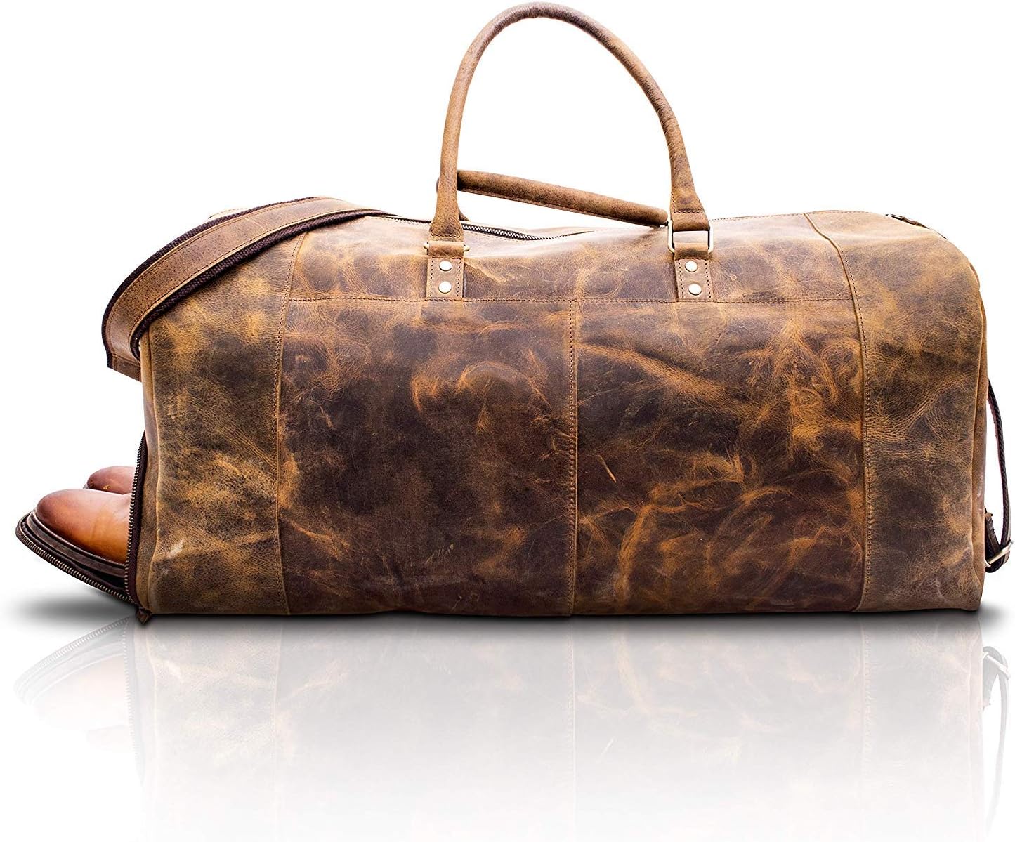 KomalC 24 Inch Brown Leather Duffel Bag for Men and Women with Shoe Pocket