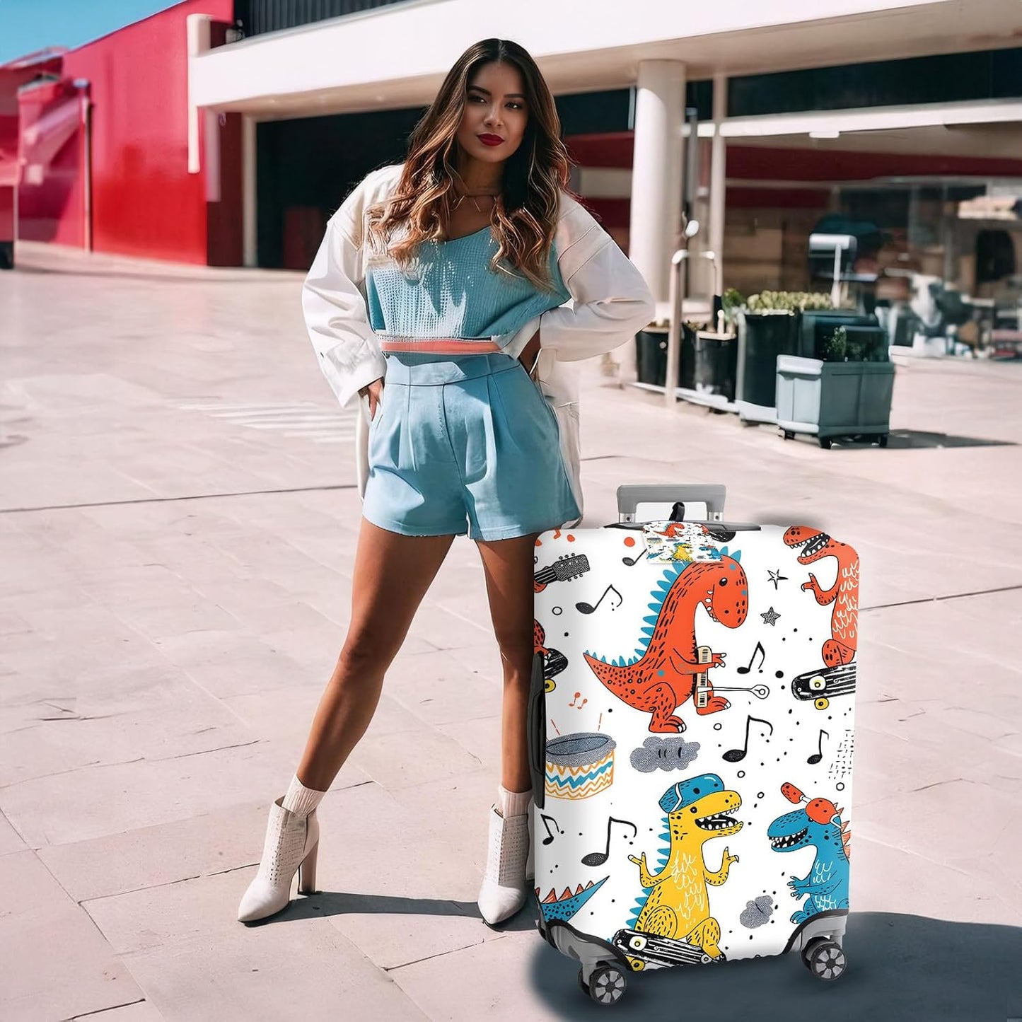 Travel Luggage Cover,Cartoon Colorful DinosaurTheme Suitcase Cover Accessory Kit, Luggage Tag, and Comfortable Luggage Handle Wrap, Washable Luggage Suitcase Protector (22-24 inch,M)
