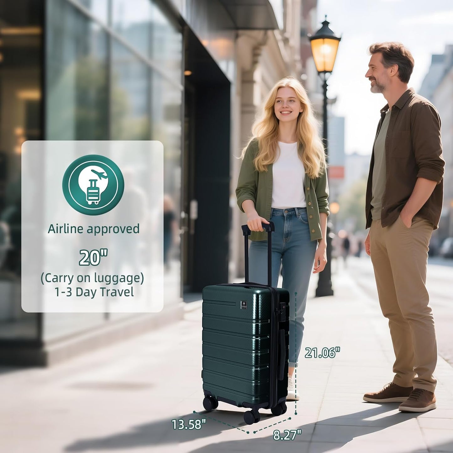 Carry on Luggage, PC Hard Shell Suitcase 22x14x9 Airline Approved TSA Lock YKK Zippered Double Spinner Wheels Lightweight Travel for Men and Women, 20 Inch Green