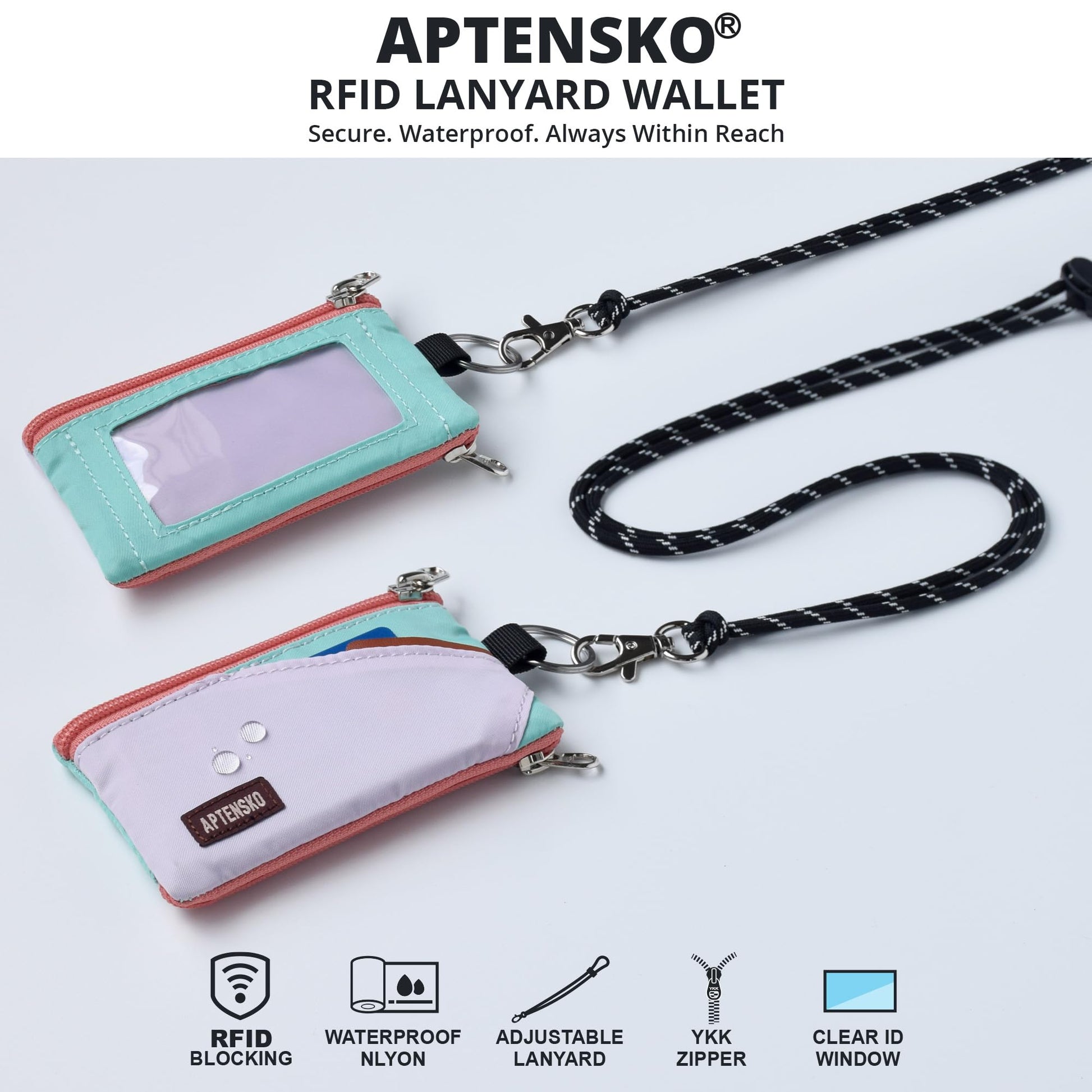 APTENSKO RFID Blocking Travel Wallet with Adjustable Lanyard, Small Nylon Zipper Pouch and Badge