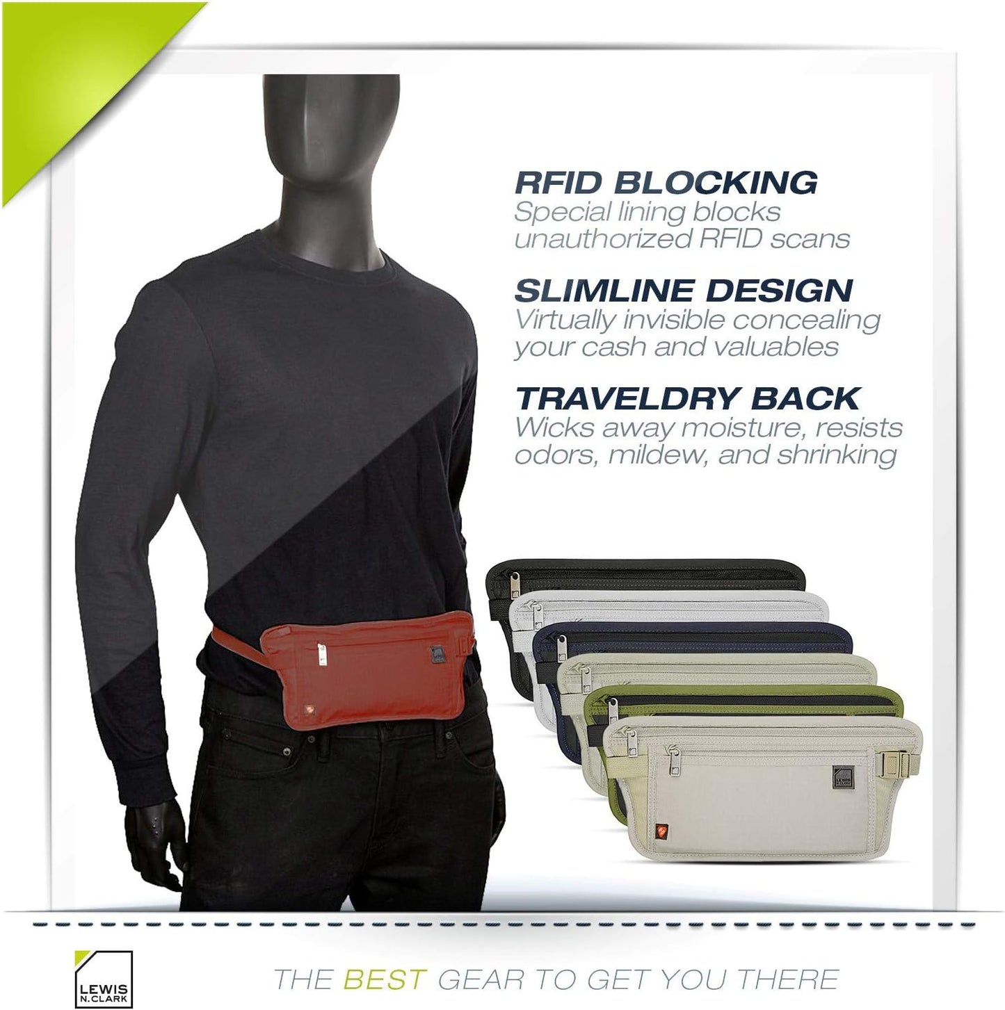 Lewis N. Clark RFID Blocking Money Belt Travel Pouch Waist Stash + Credit Card, Id, Passport Holder for Women & Men