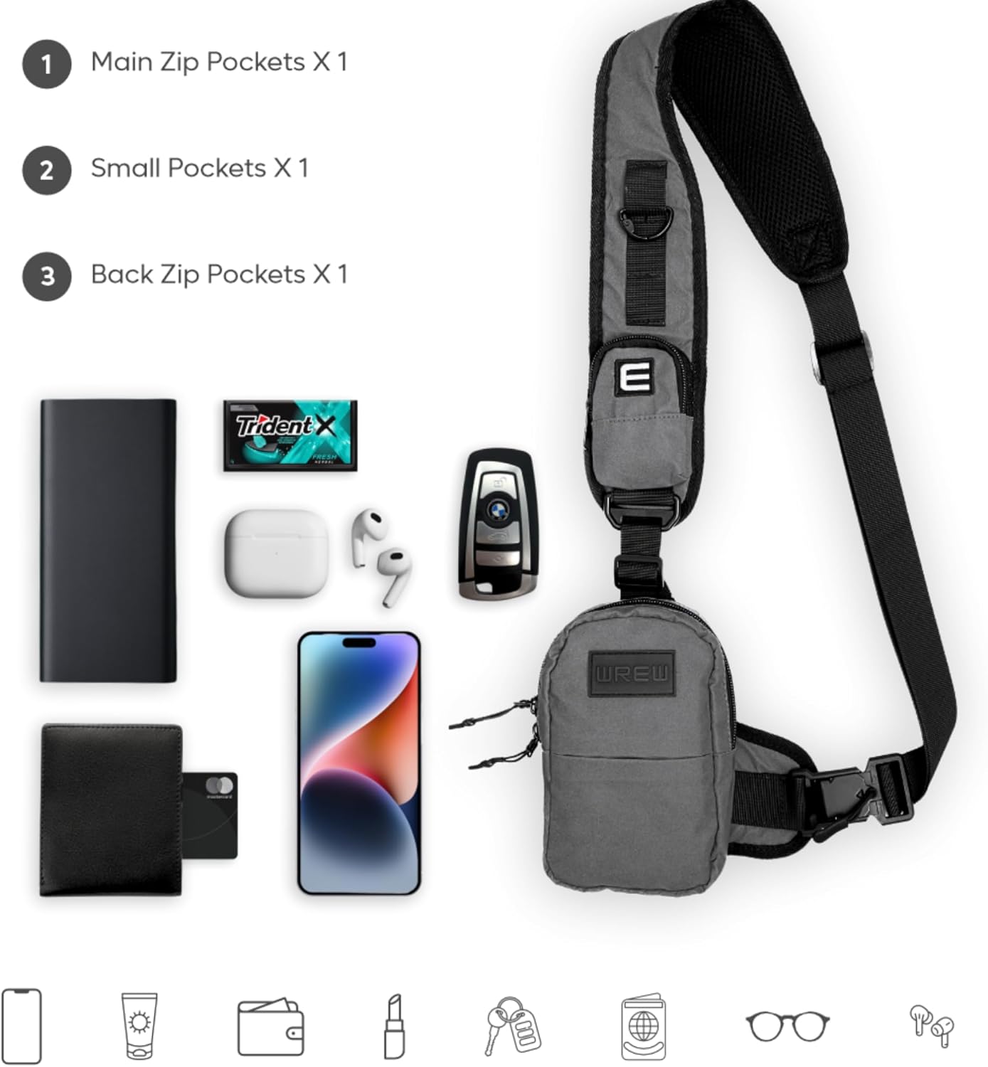 Mini Sling Bag for Men-Crossbody Bag with Shoulder Straps for Women-Multipurpose Keyholder Travel Backpack for Hiking (Grey)