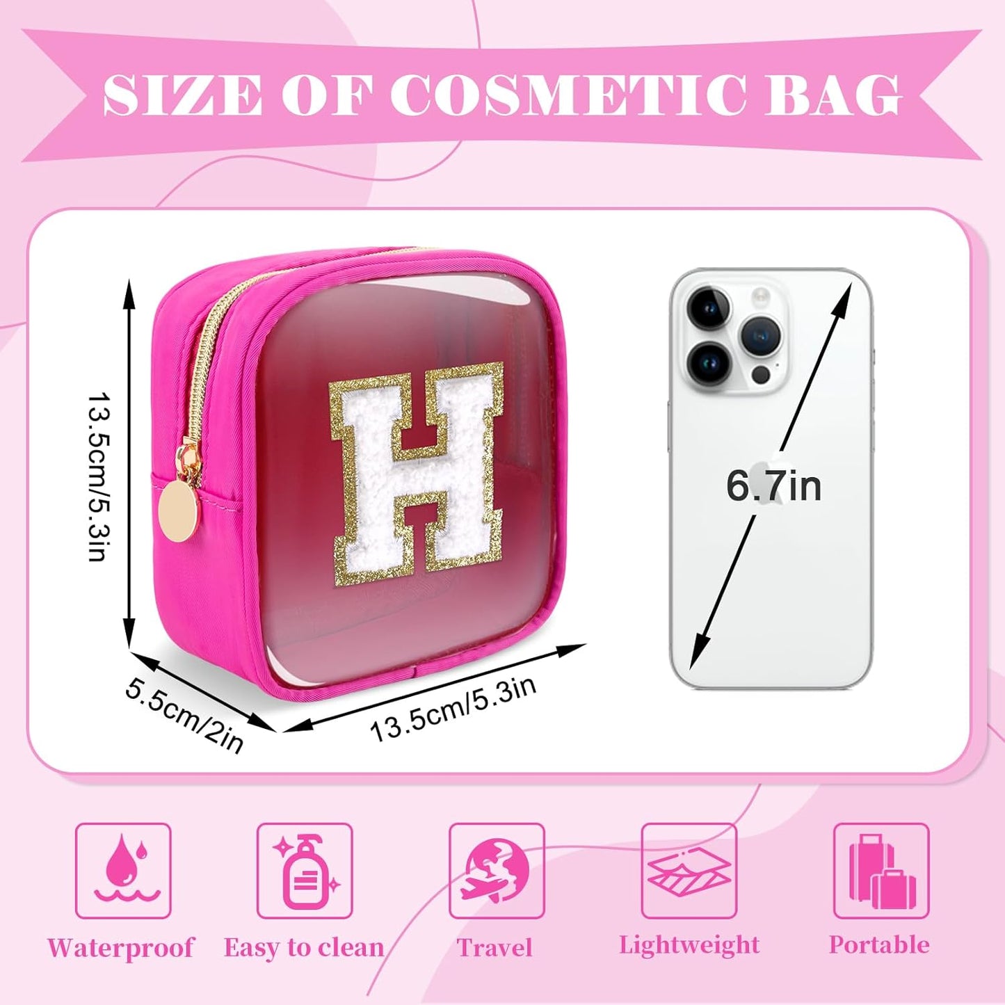 Personalized Initial Letter Clear Preppy Makeup Bag,Mini Nylon Chenille Letter Cosmetic Bag Cute Zipper Pouch Coin Purse for Teen Girls,Portable TSA Approved Travel Essentials Bag Gift for Women,H