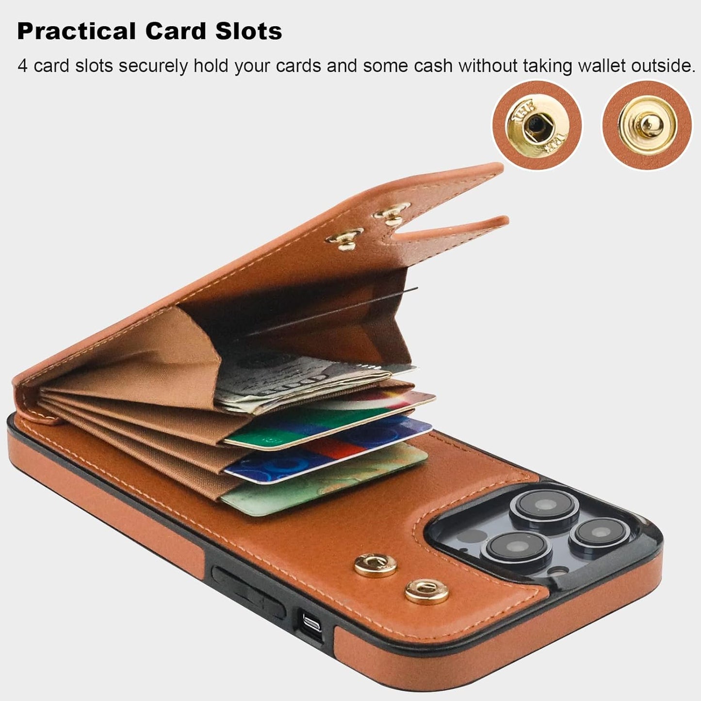 Folosu Compatible with iPhone 14 Pro Max Case Wallet with Card Holder, 360°Rotation Finger Ring Holder Kickstand, RFID Blocking Leather Protective Double Buttons Shockproof Cover 6.7 Inch Brown