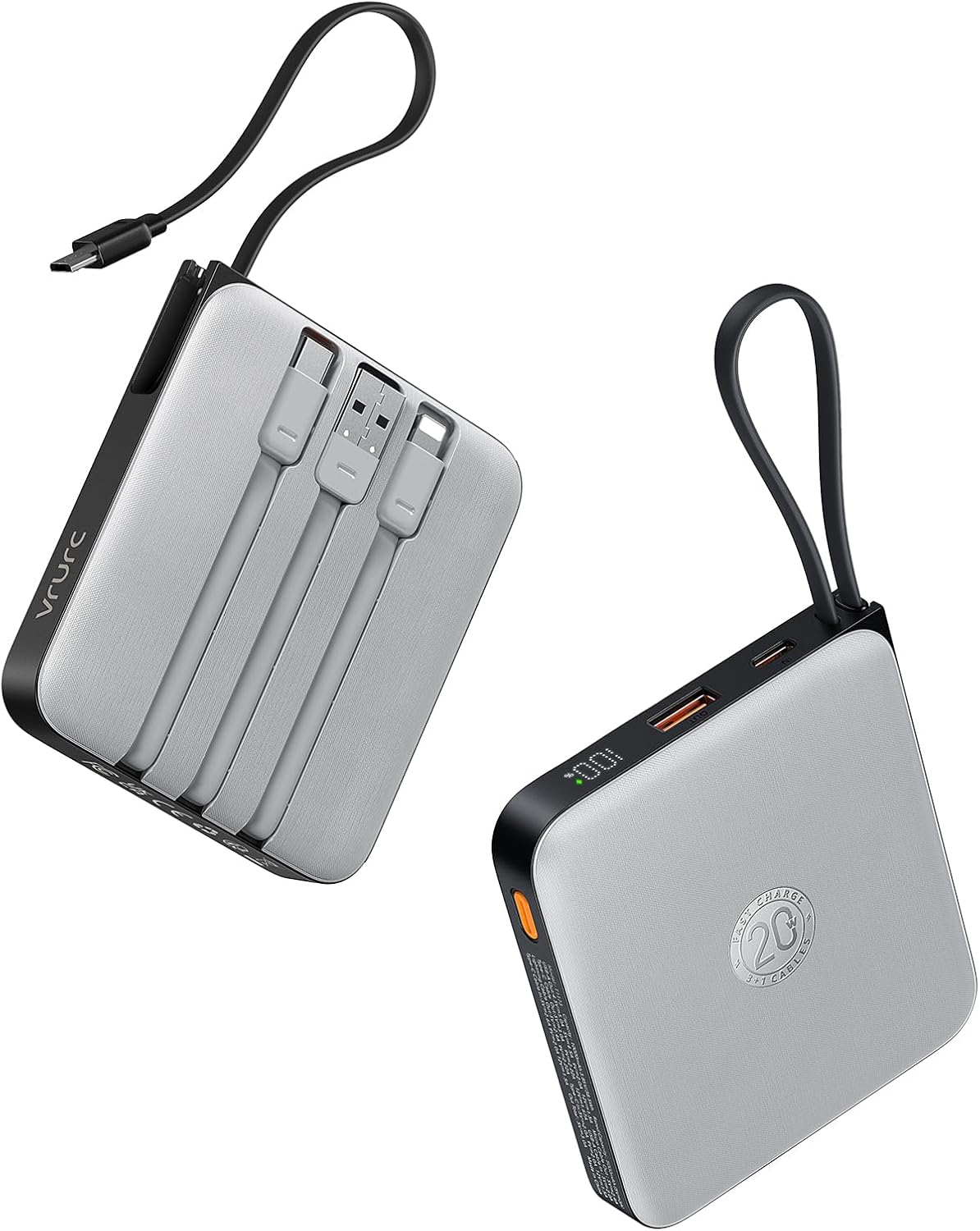 VRURC Portable Phone Charger 4 Built-in Cables, Fast Charging PD 20W Power Bank 10000mAh, USB C